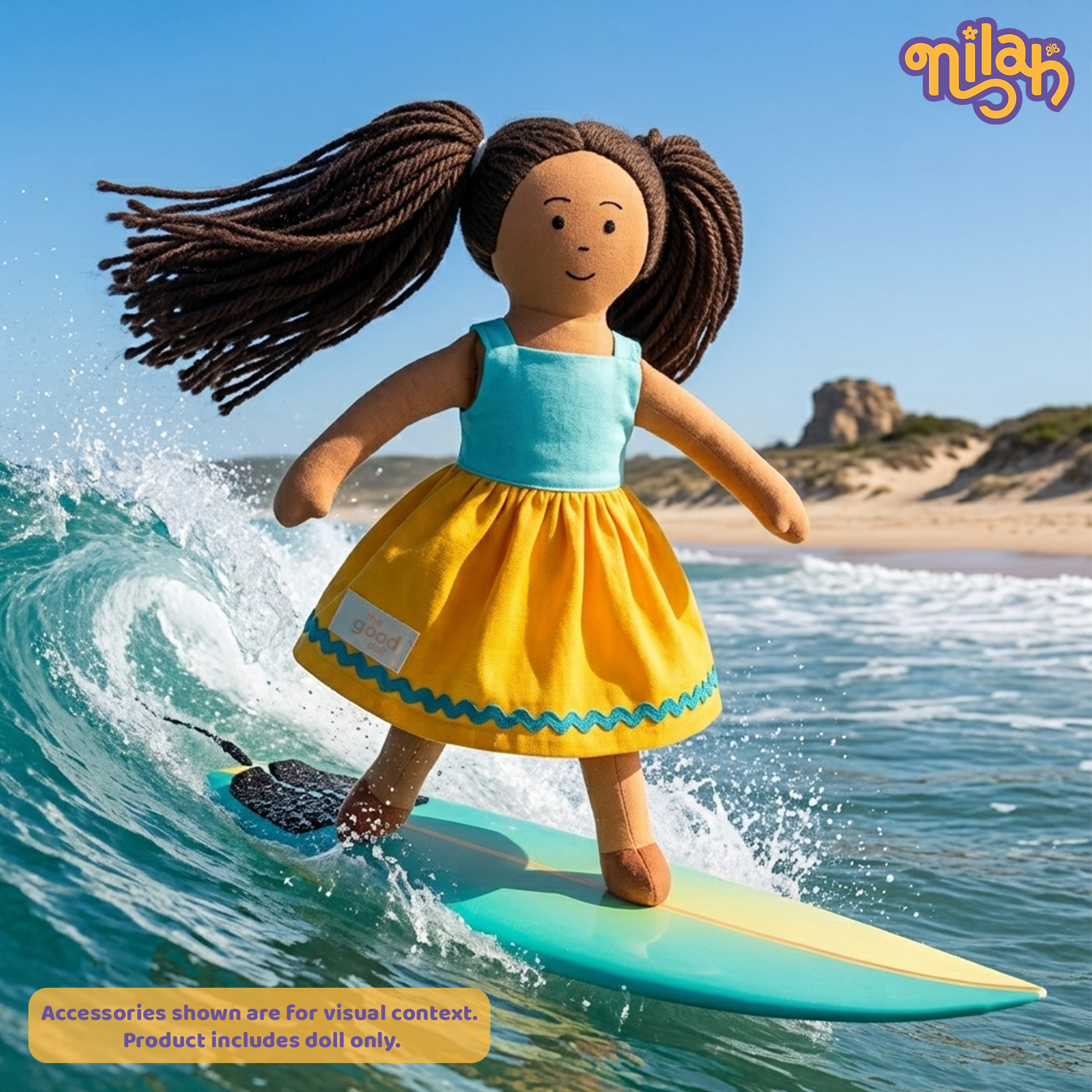 Mira – Handmade Soft Doll for Kids in Sky Blue & Yellow Strapped Dress
