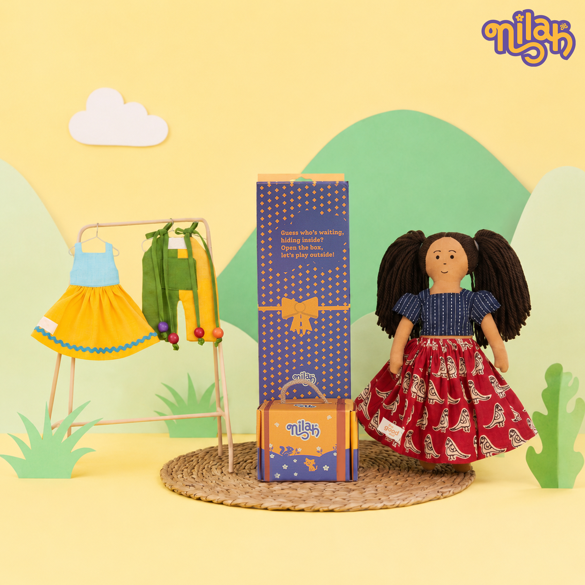 Mira – Handmade Soft Doll for Kids in Indigo Blue Pinstripe Top & Red Parrot Skirt