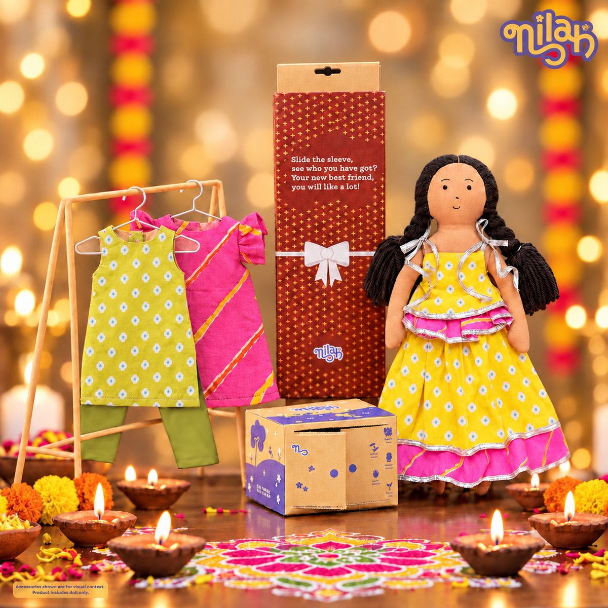 Nilah Diwali Bundle– Handmade Soft Doll | Safe, Washable, ISI-Certified Fabric Dolls | 12" | Gift for Diwali
