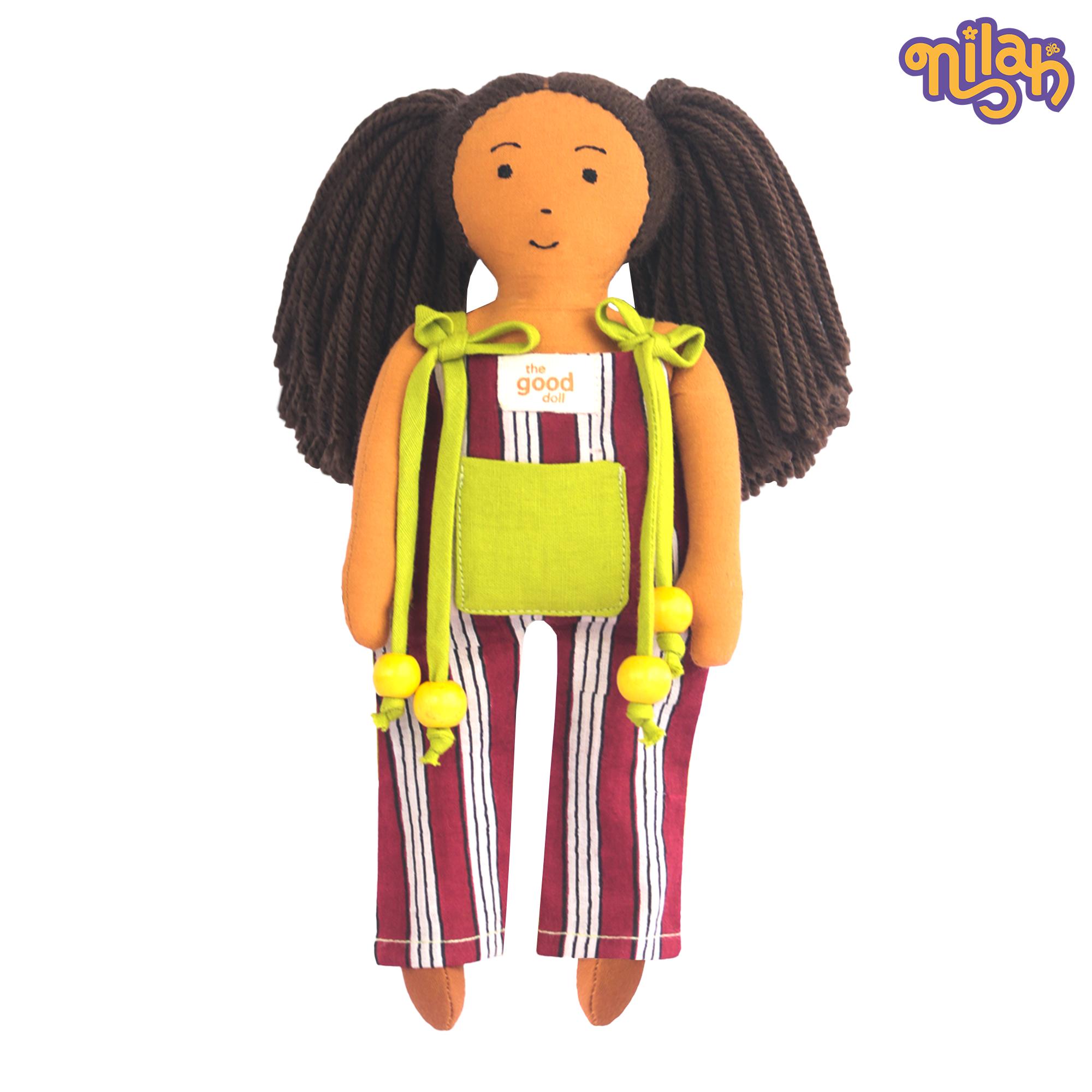 Mira – Handmade Soft Doll for Kids in Red and Green Stripes Jumpsuit