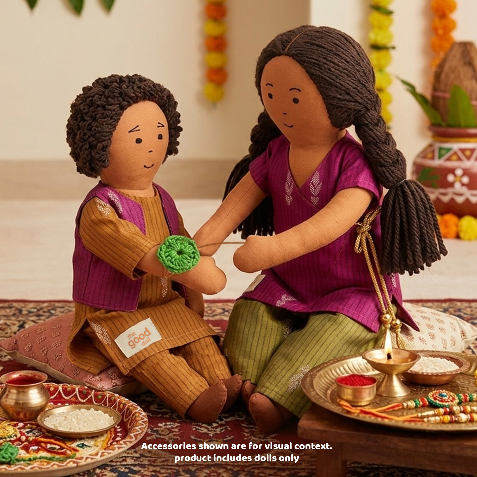Nilah & Raagu Anmol Premium Rakhi Hamper - 2 Handmade Sibling Dolls in Festive Attire |  Handmade Rakhi | Interchangeable Outfit Sets