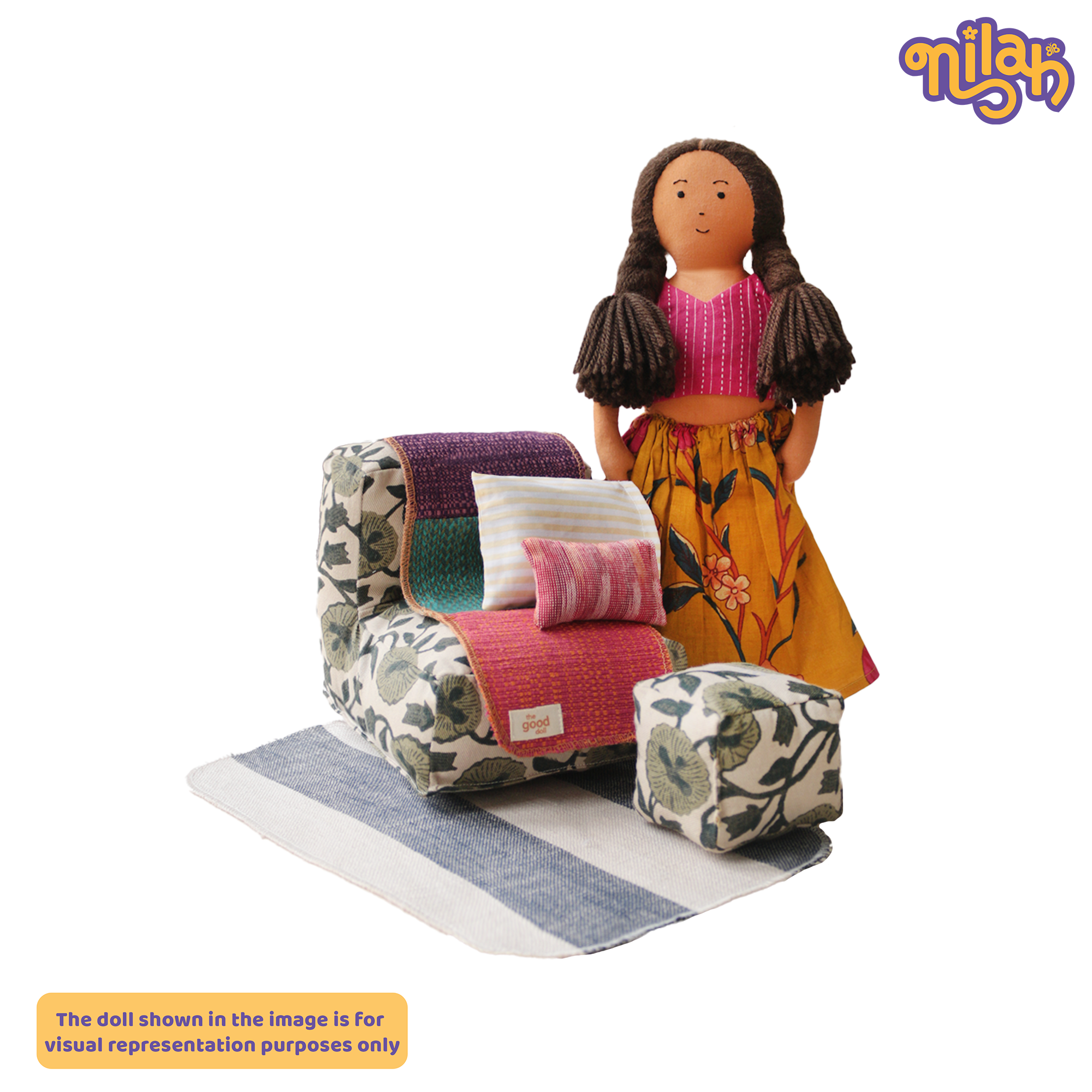 Nilah – Handmade Soft Doll in Floral Skirt + Sofa Set