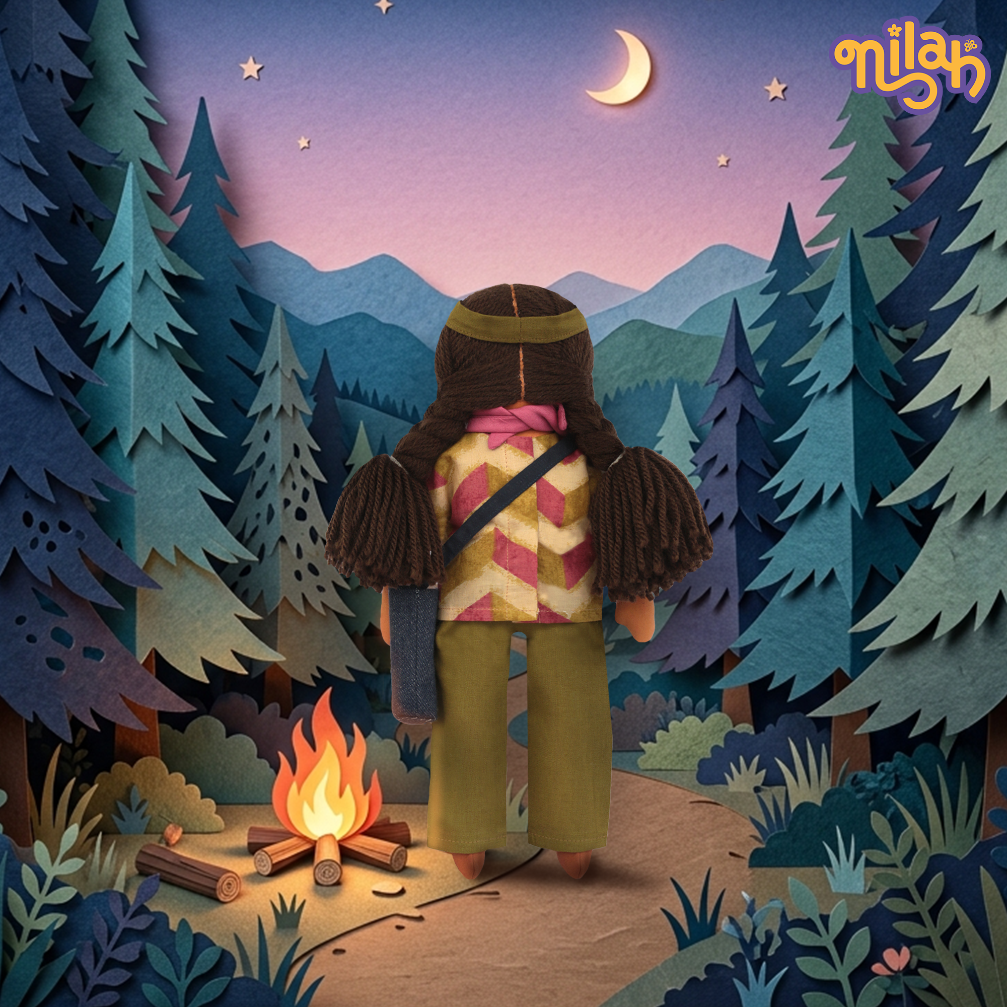 Nilah Goes Camping – Handmade Soft Doll for Children in Pink & Green