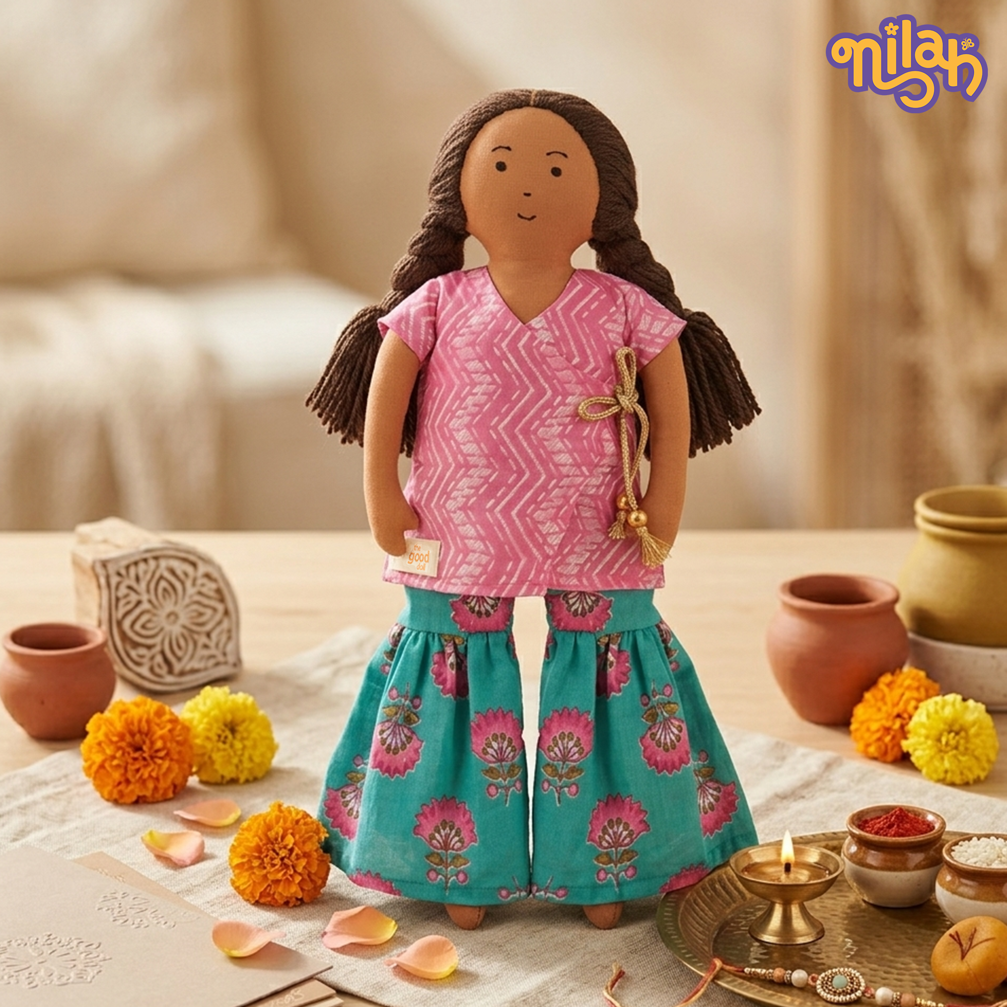 Nilah – Handmade Soft Doll for Children in Pink & Blue for Rakhi Gifting