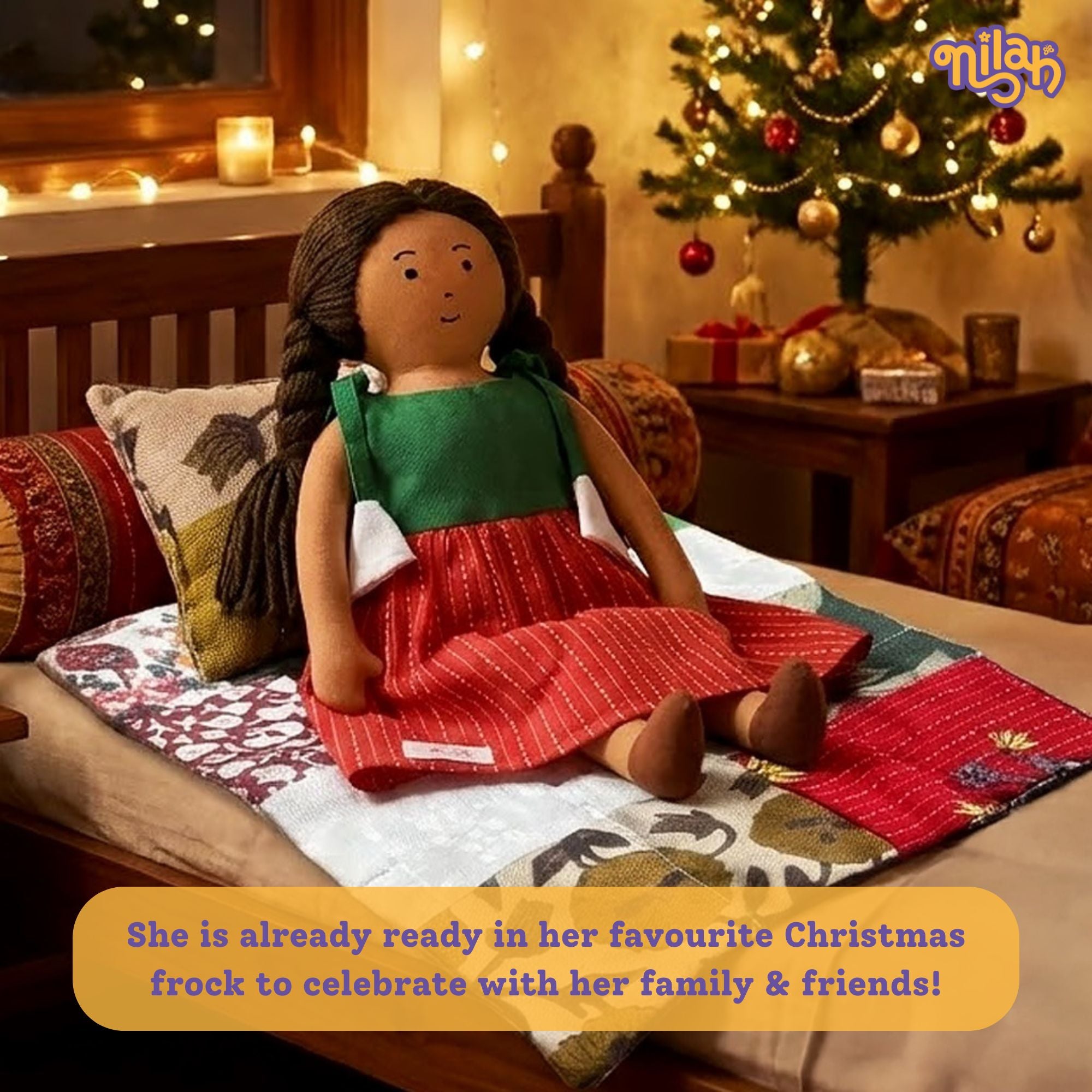 Nilah snuggling into her Christmas quilt & pillow