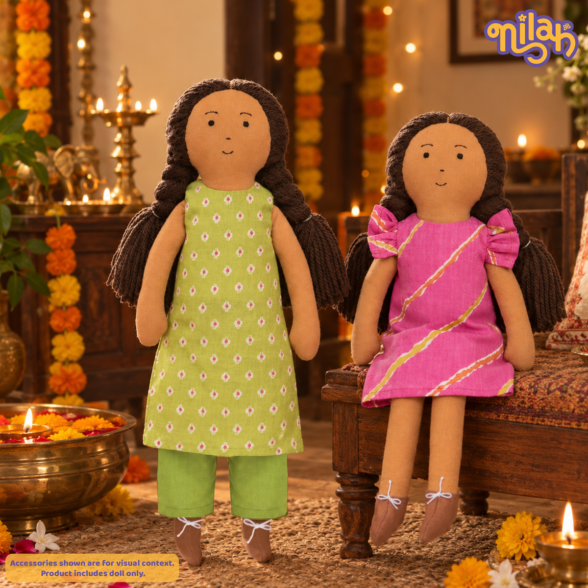 Nilah Diwali Bundle– Handmade Soft Doll | Safe, Washable, ISI-Certified Fabric Dolls | 12" | Gift for Diwali