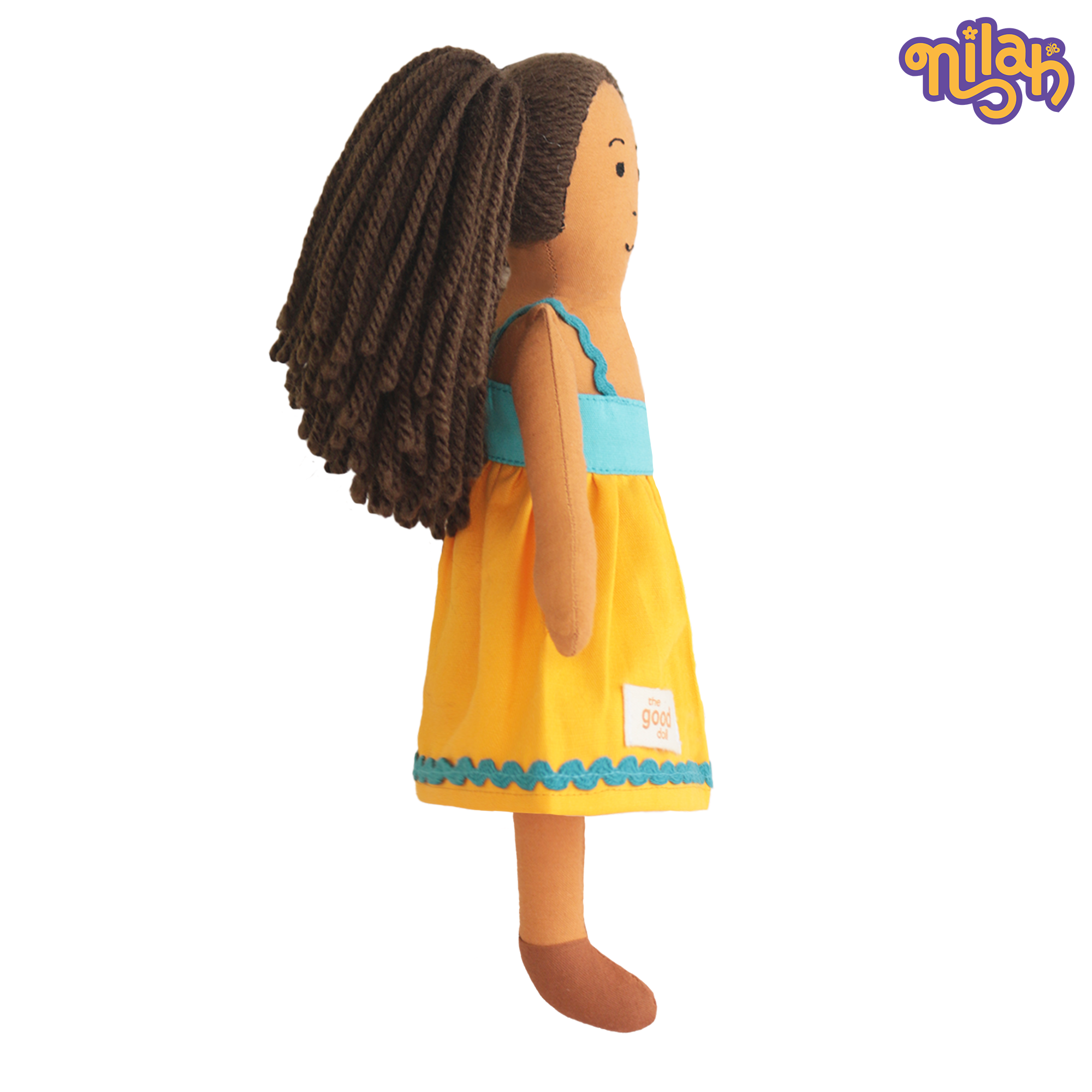 Mira – Handmade Soft Doll for Kids in Sky Blue & Yellow Strapped Dress