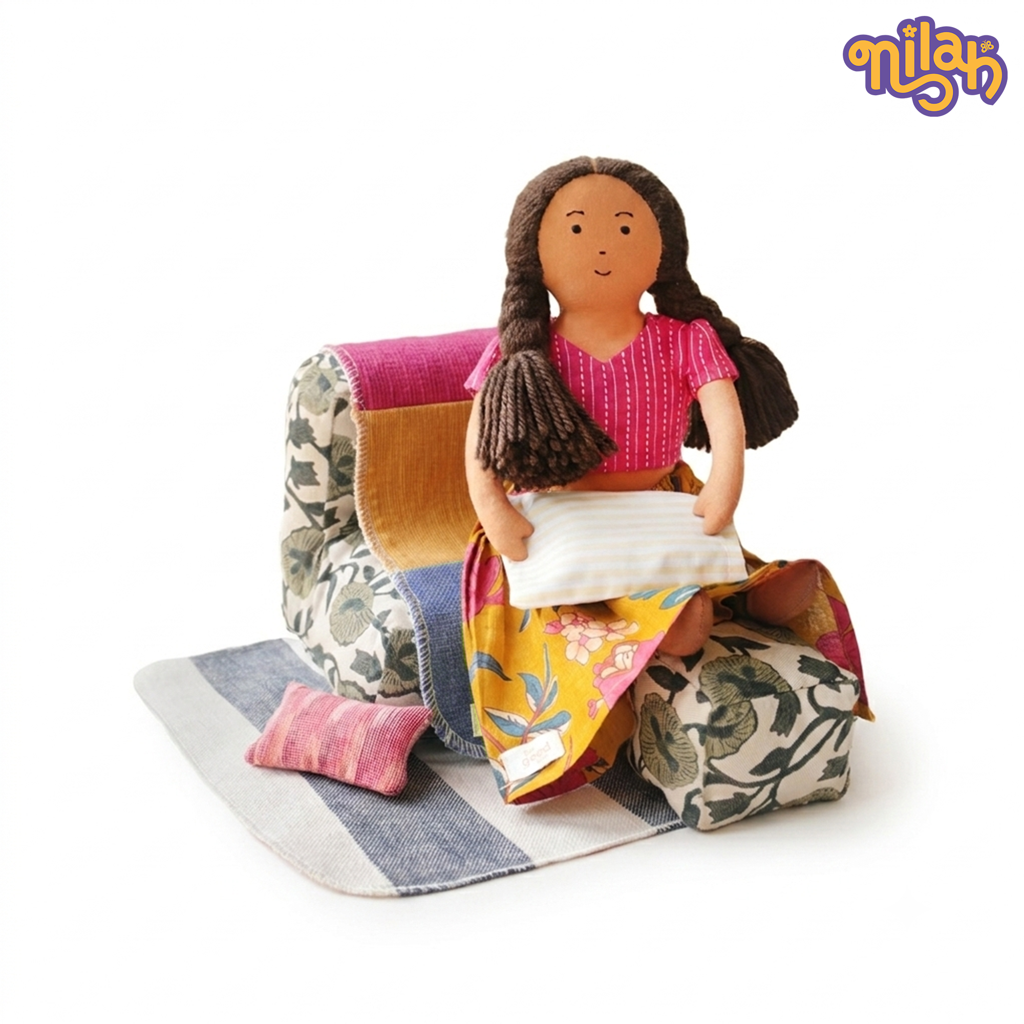 Nilah – Handmade Soft Doll in Floral Skirt + Sofa Set