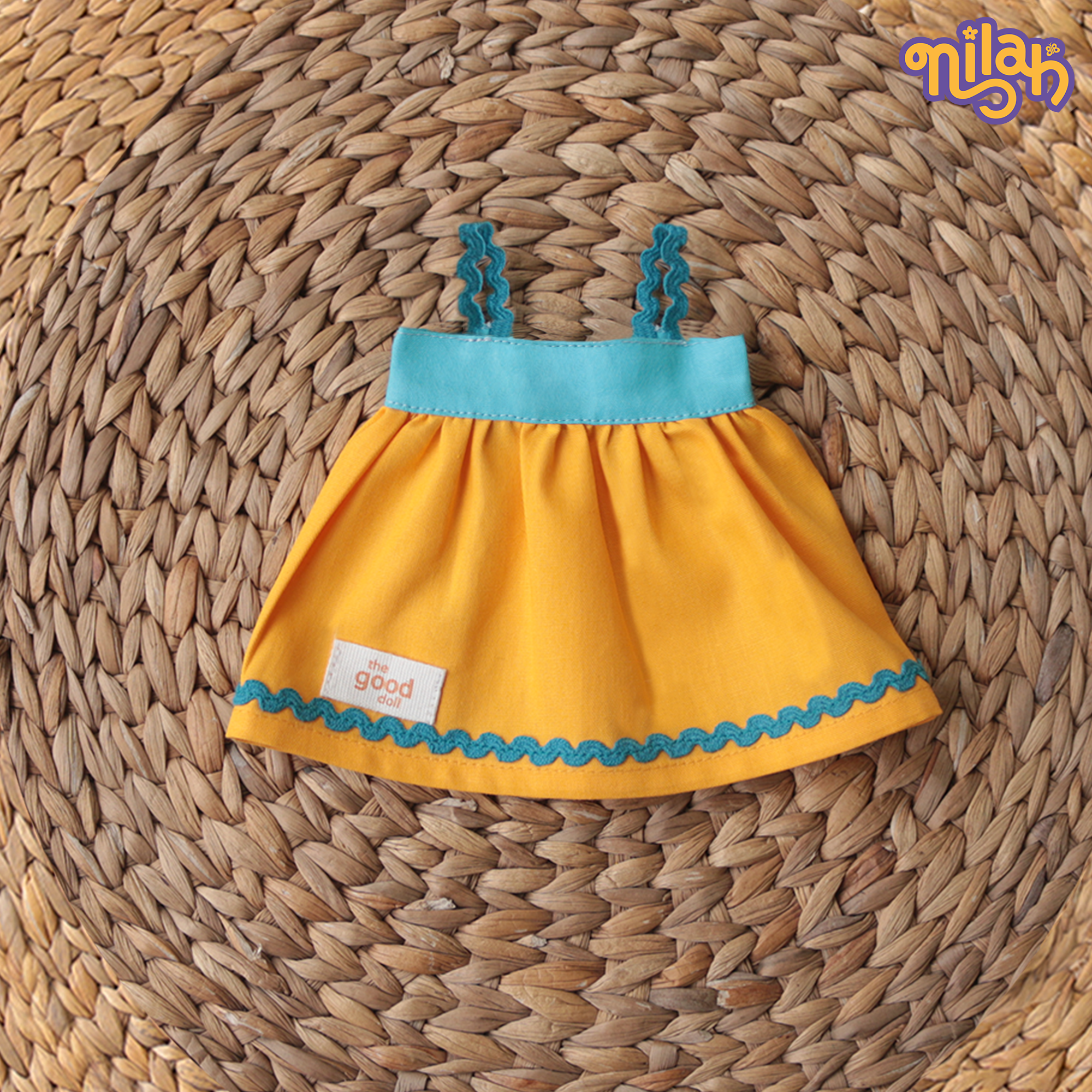 Mira – Handmade Soft Doll for Kids in Indigo Blue Pinstripe Top & Red Parrot Skirt