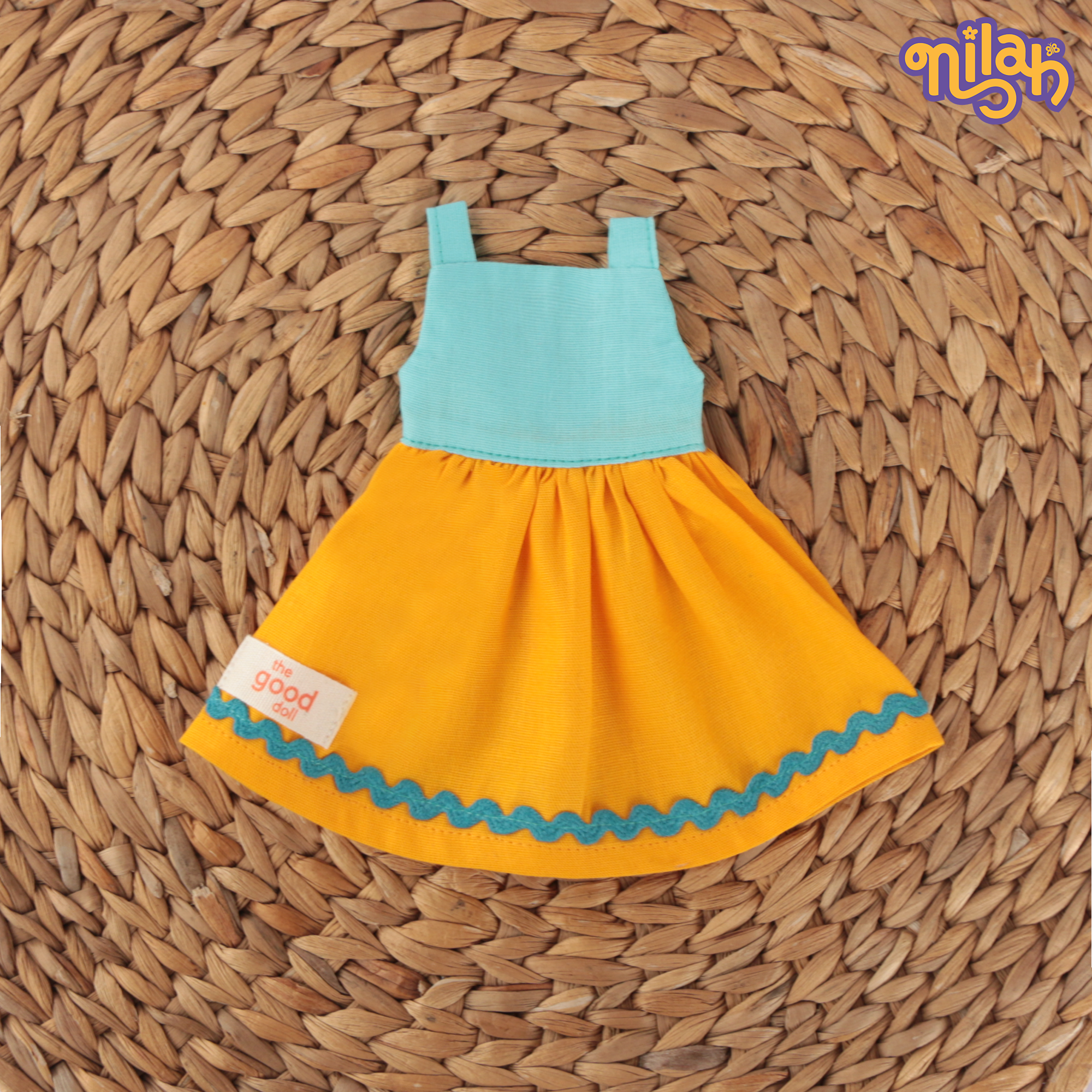 Mira – Handmade Soft Doll for Kids in Indigo Blue Pinstripe Top & Red Parrot Skirt