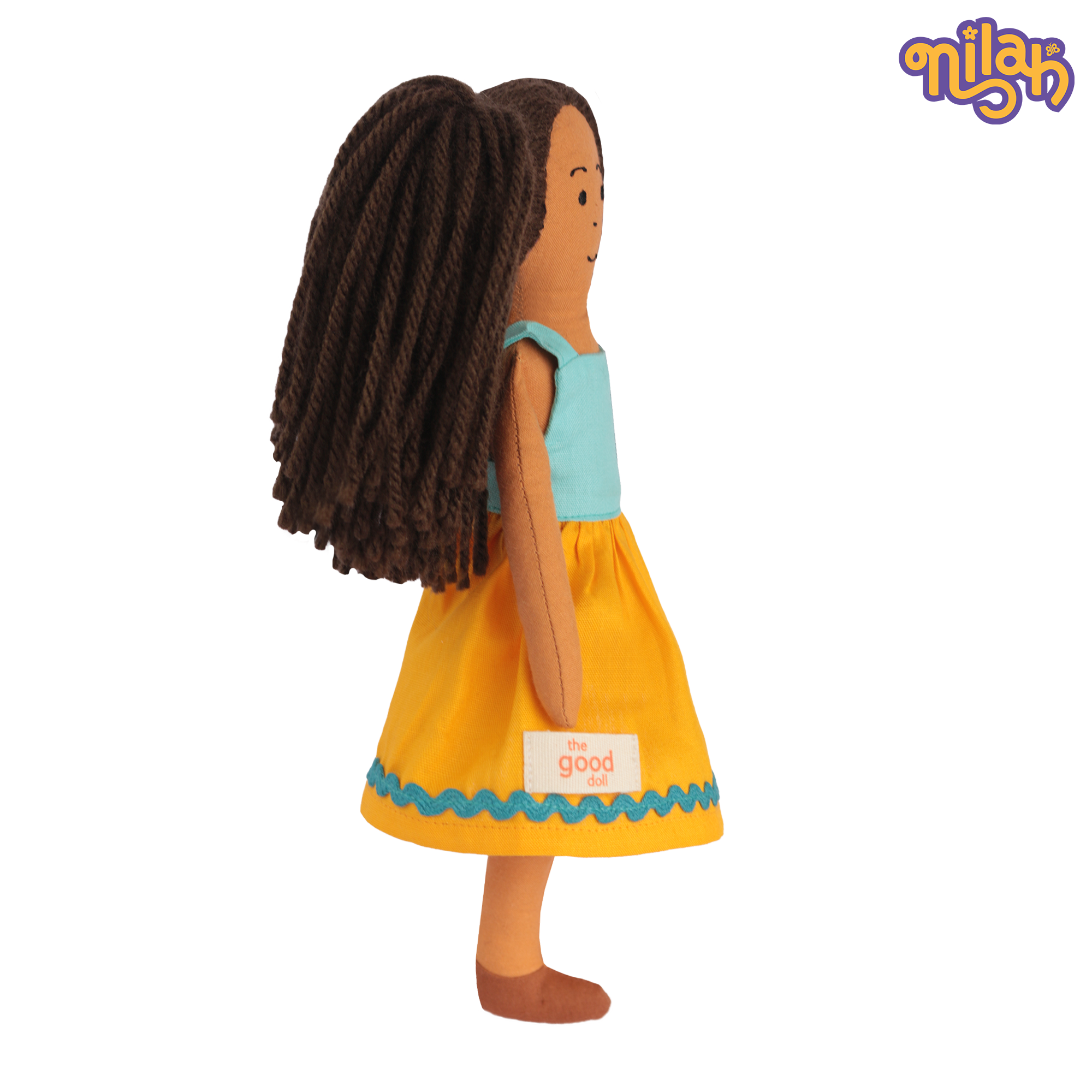 Mira – Handmade Soft Doll for Kids in Sky Blue & Yellow Strapped Dress