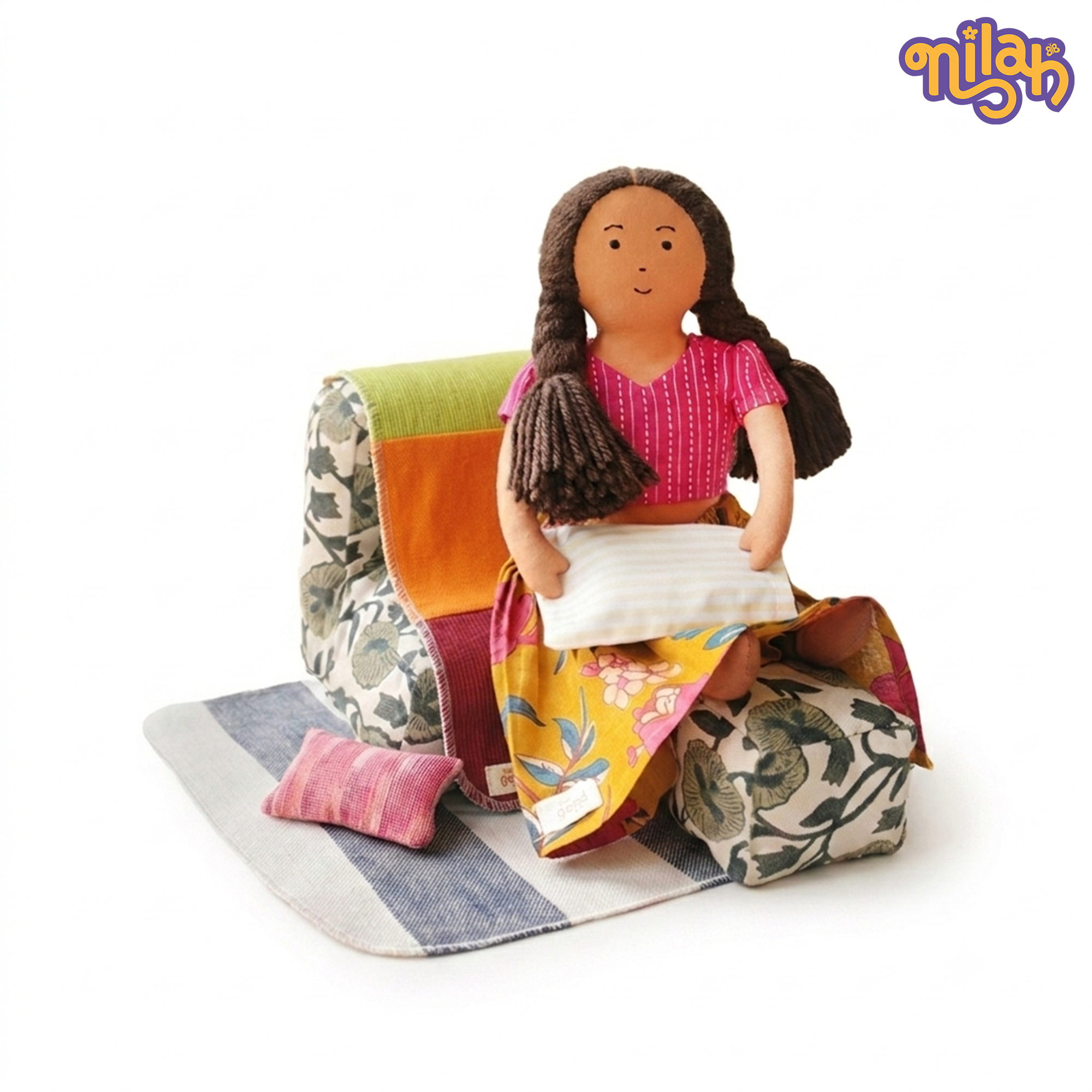 Nilah – Handmade Soft Doll in Floral Skirt + Sofa Set