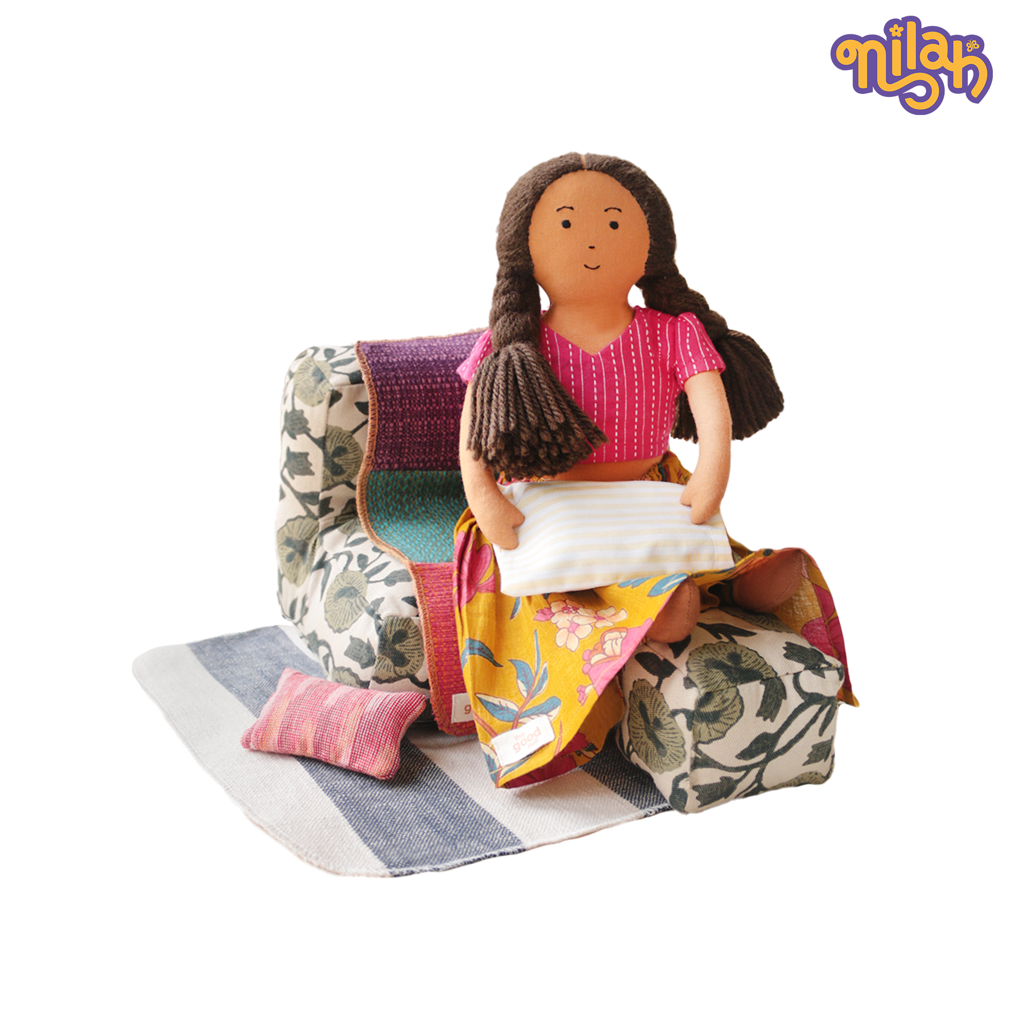 Nilah – Handmade Soft Doll in Floral Skirt + Sofa Set