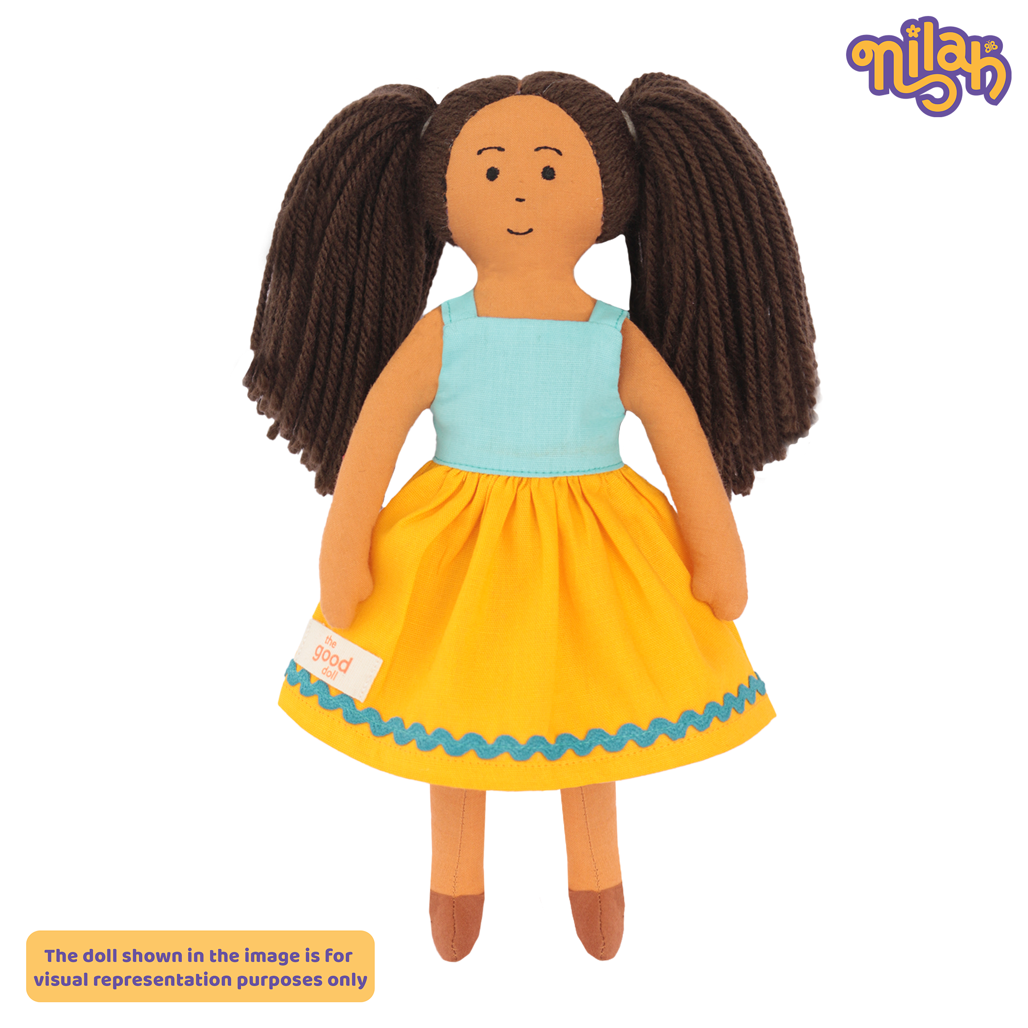Mira – Handmade Soft Doll for Kids in Indigo Blue Pinstripe Top & Red Parrot Skirt