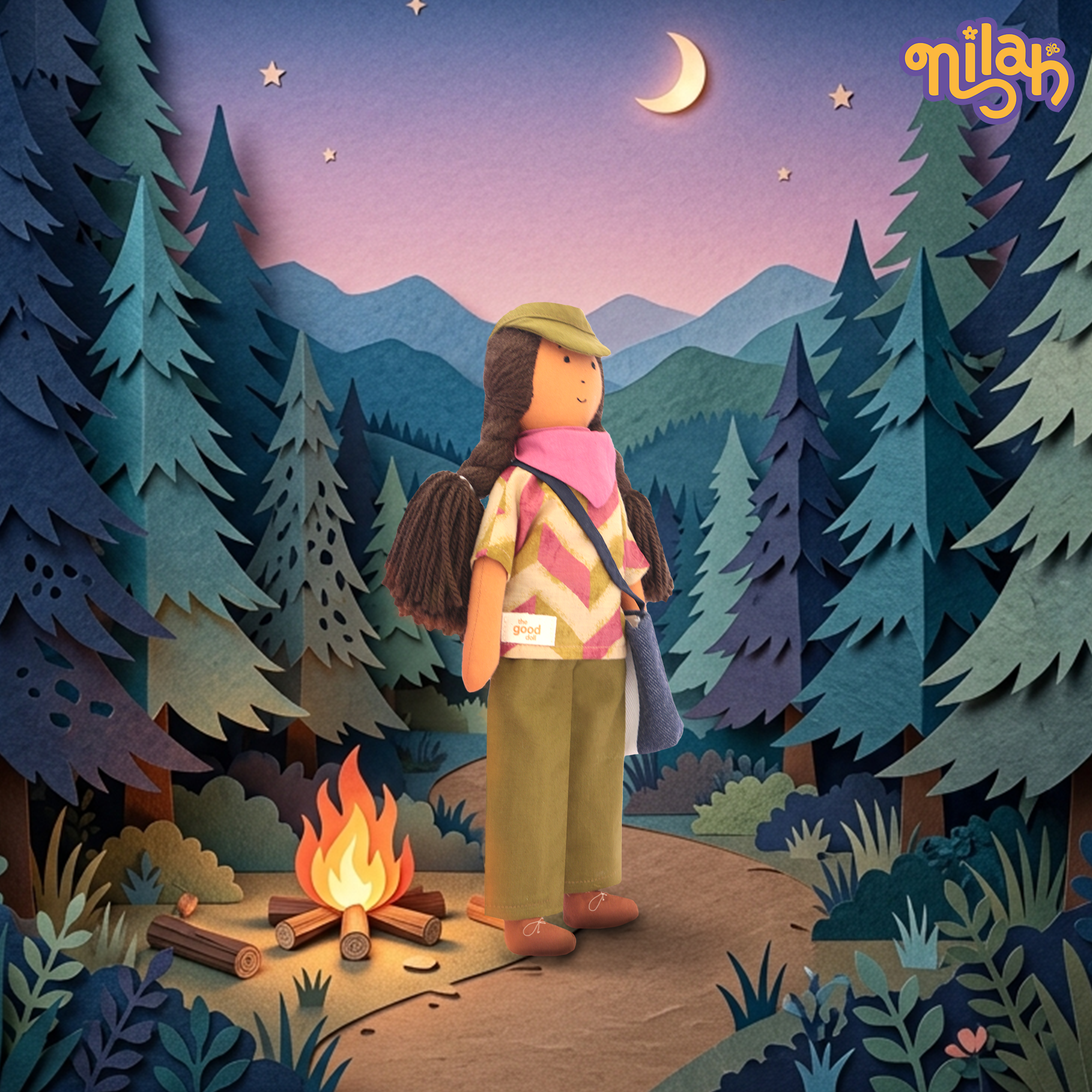 Nilah Goes Camping – Handmade Soft Doll for Children in Pink & Green