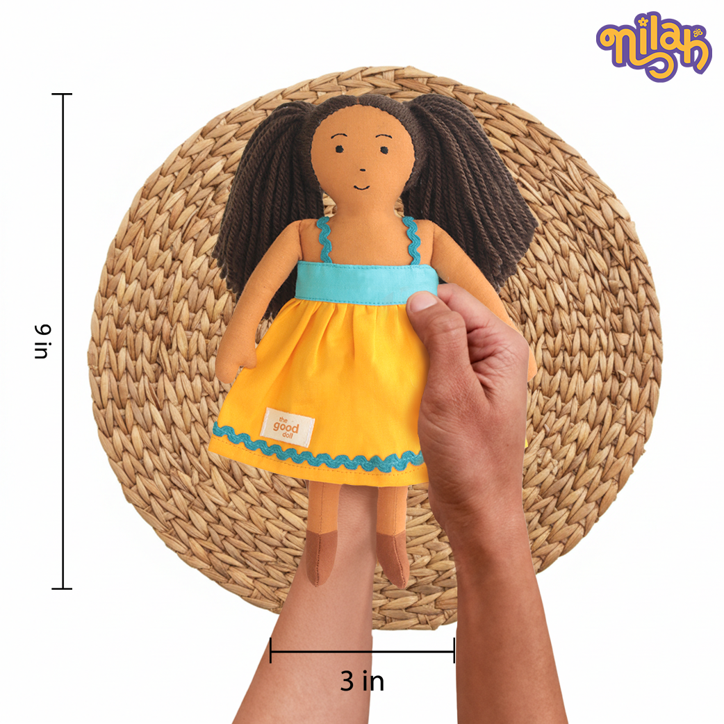 Mira – Handmade Soft Doll for Kids in Sky Blue & Yellow Strapped Dress