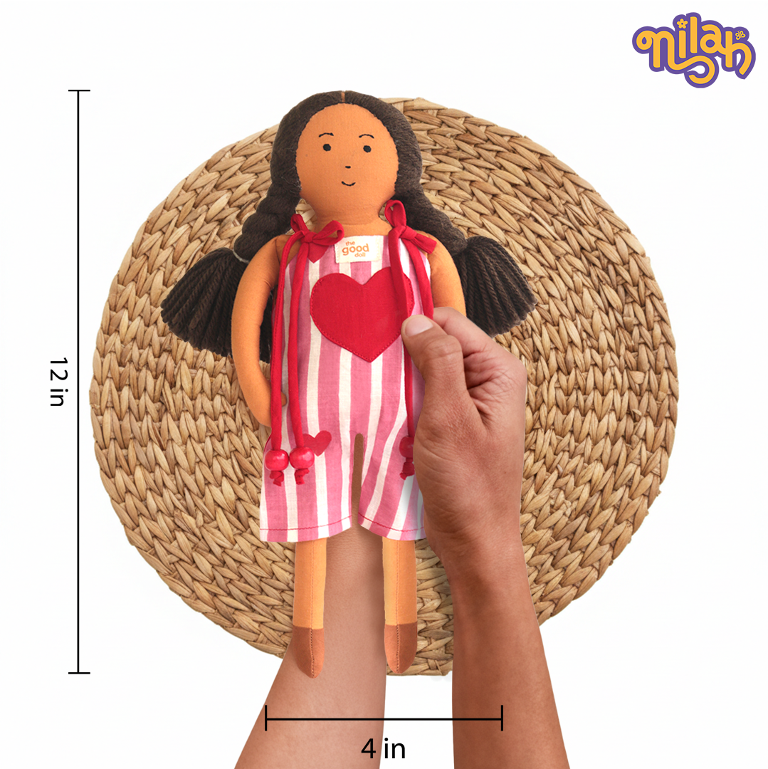 Nilah – Handmade Soft Doll for Kids in Pink, Red & White Romper