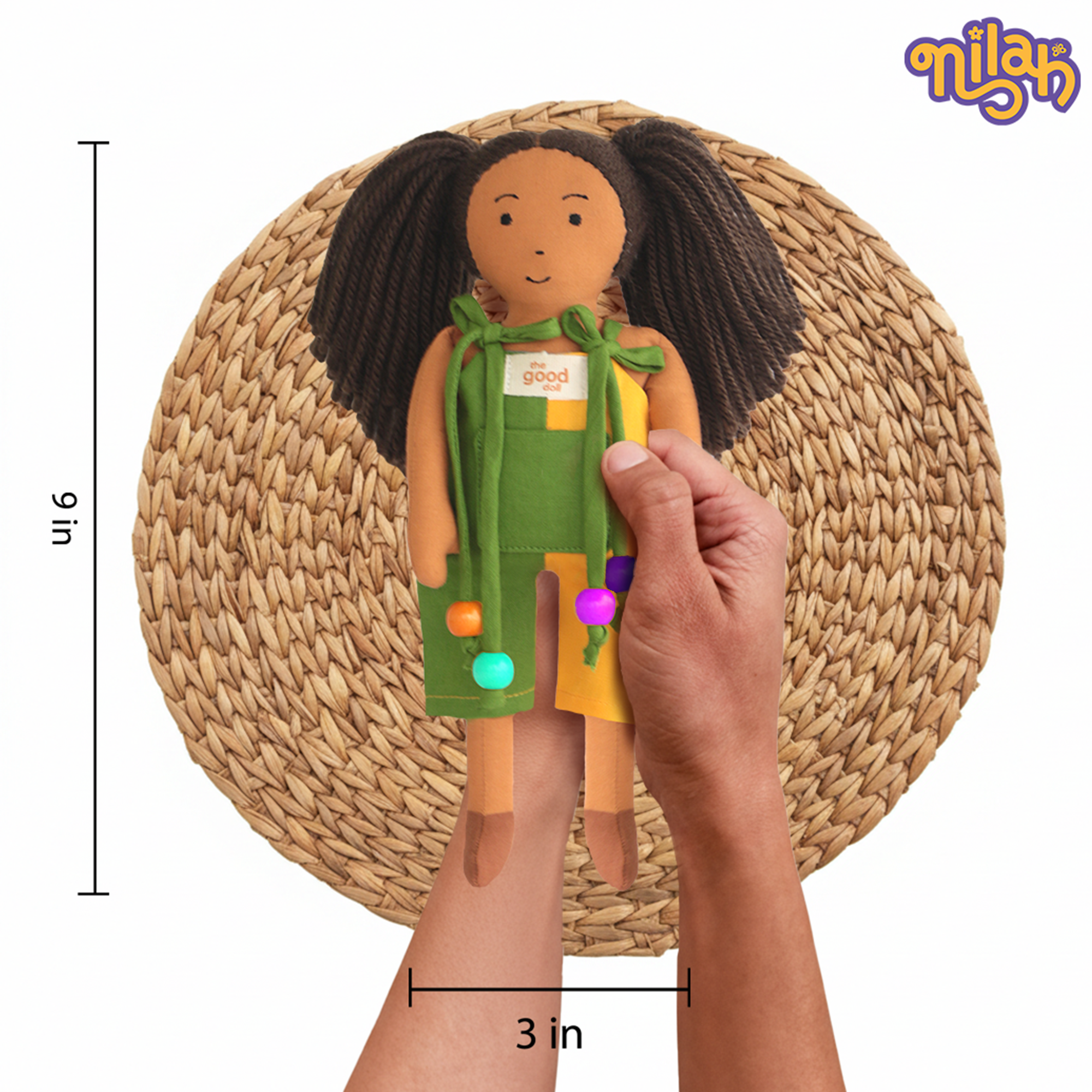 Mira – Handmade Soft Doll for Kids in Green & Yellow Romper