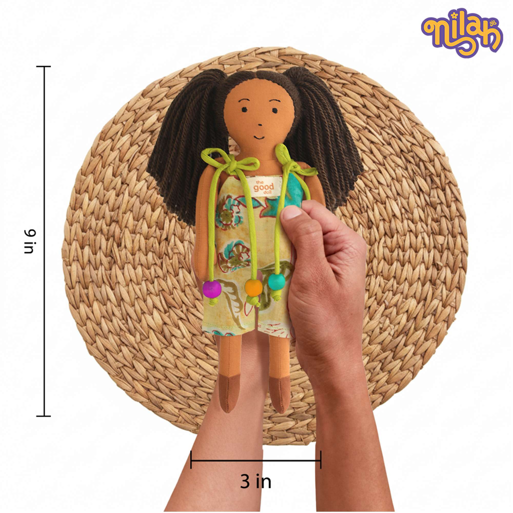 Mira – Handmade Soft Doll for Kids in Yellow & Teal Romper