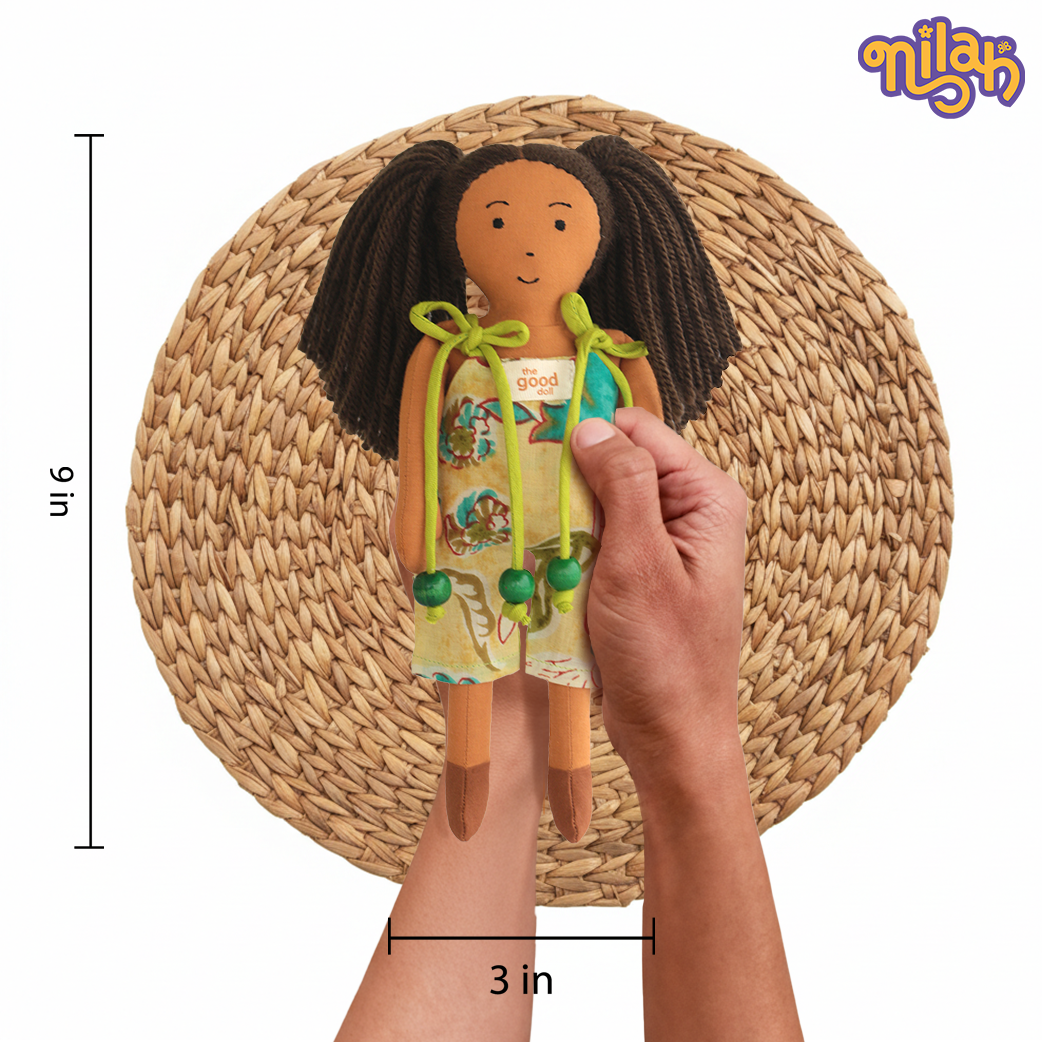 Mira – Handmade Soft Doll for Kids in Yellow & Teal Romper