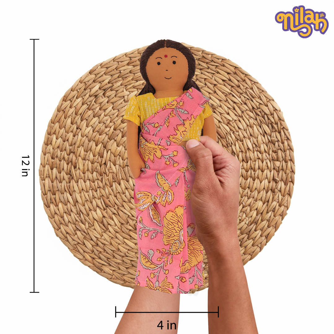 Amma – Handmade Soft Doll for Kids in Pink Block Print Saree