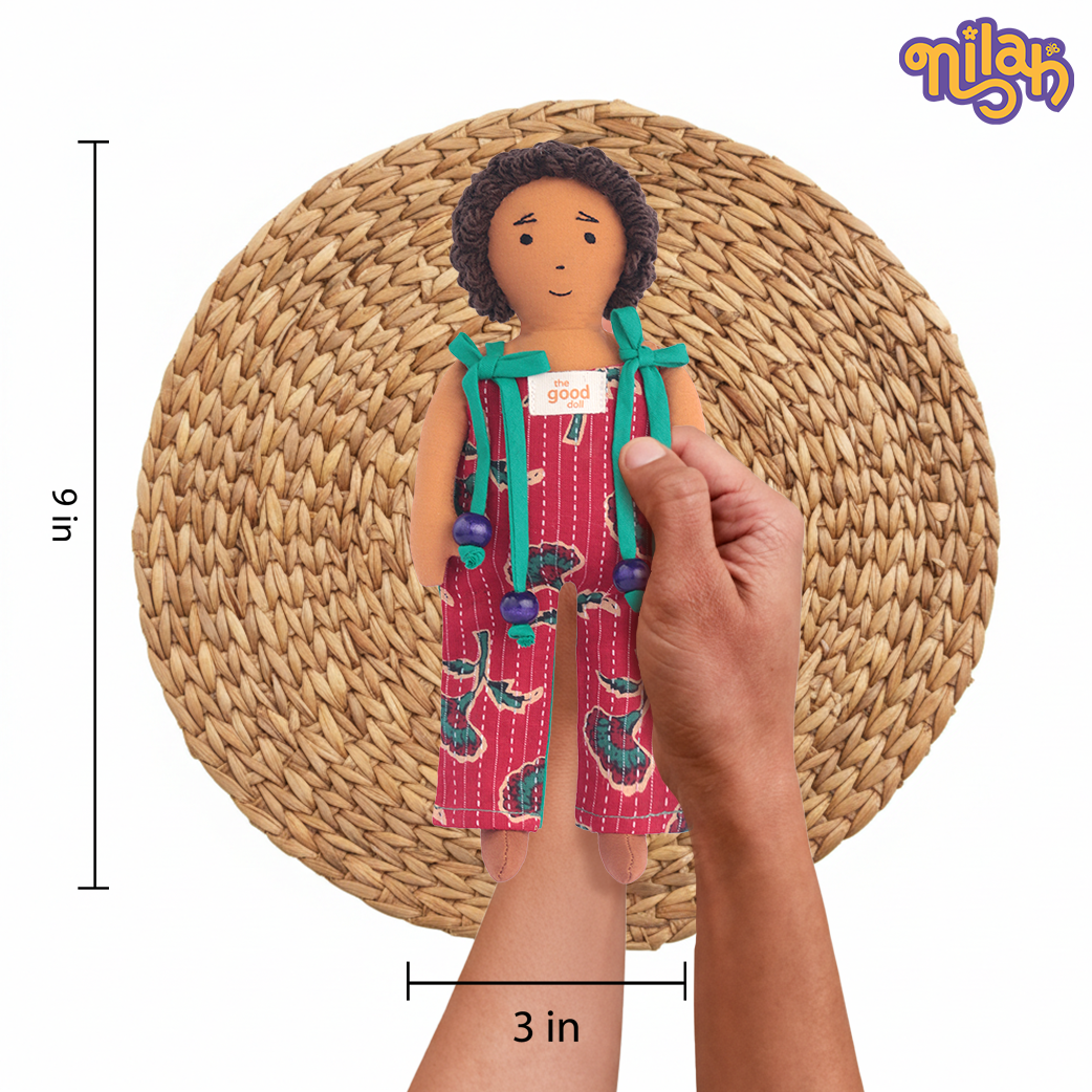 Raagu – Handmade Soft Doll for Kids in Red Patterned Jumpsuit