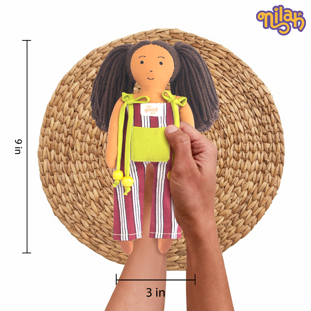 Mira – Handmade Soft Doll for Kids in Red and Green Stripes Jumpsuit