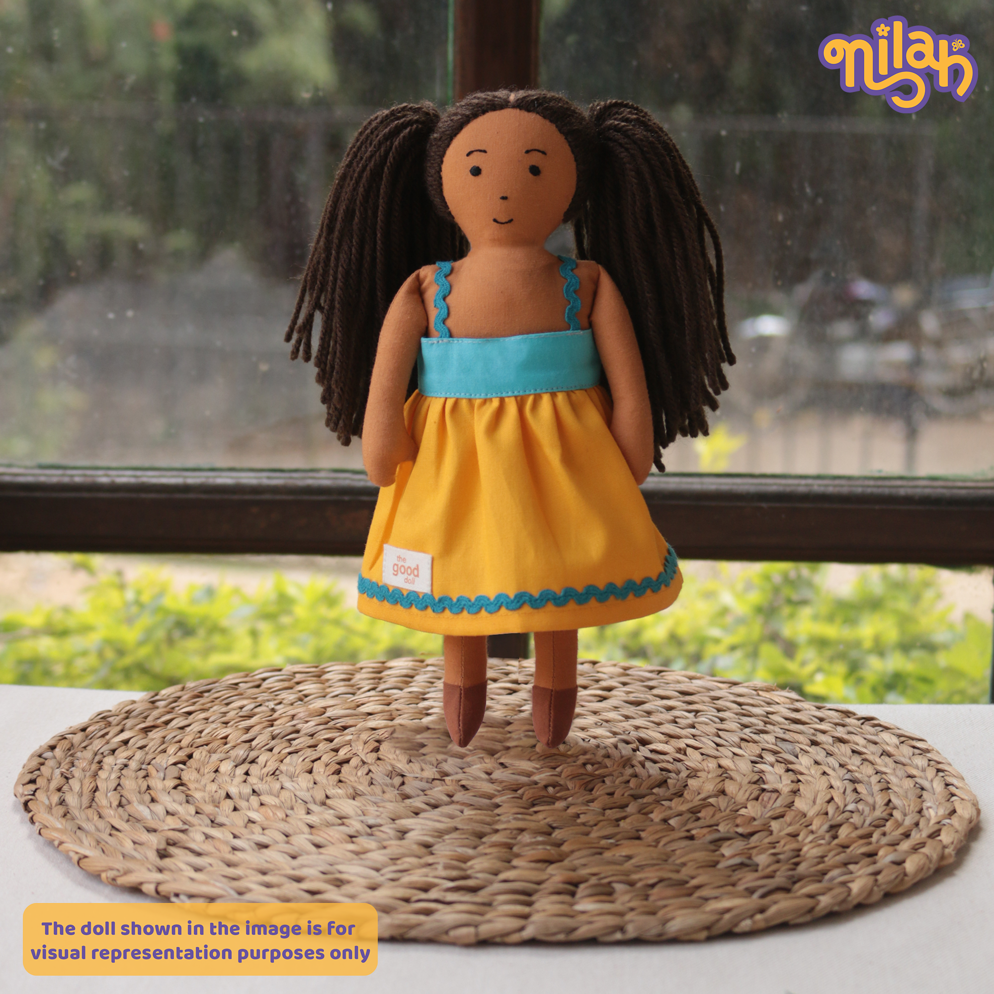 Mira – Handmade Soft Doll for Kids in Indigo Blue Pinstripe Top & Red Parrot Skirt