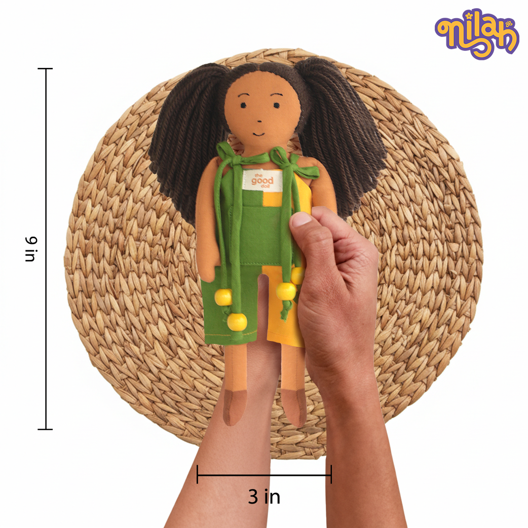 Mira – Handmade Soft Doll for Kids in Green & Yellow Romper