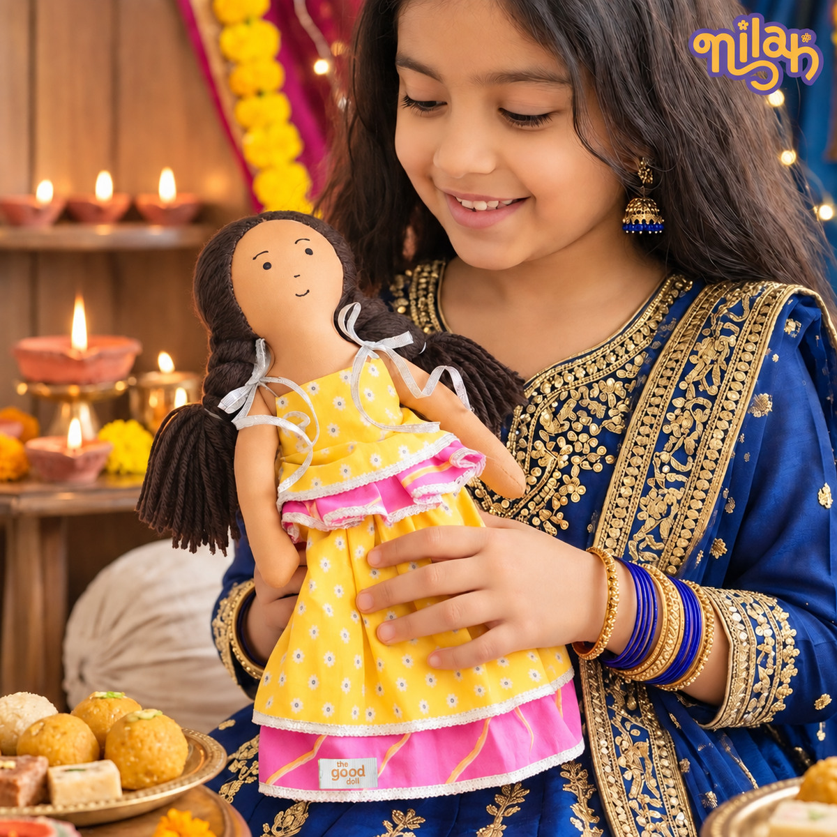 Nilah – Handmade Soft Doll | Safe, Washable, ISI-Certified Fabric Dolls | 12" | Gift for Diwali