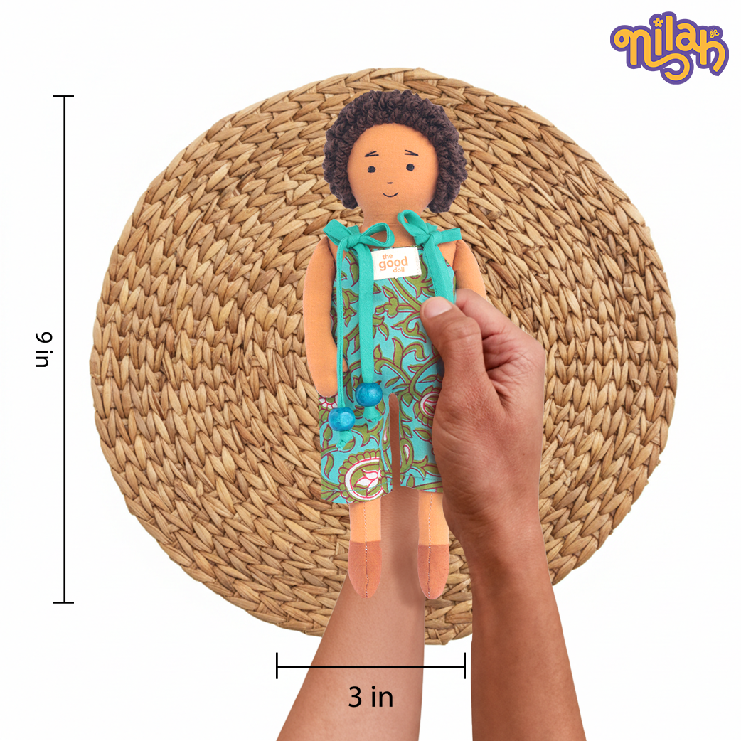 Raagu – Handmade Soft Doll for Kids in Teal Patterned Romper