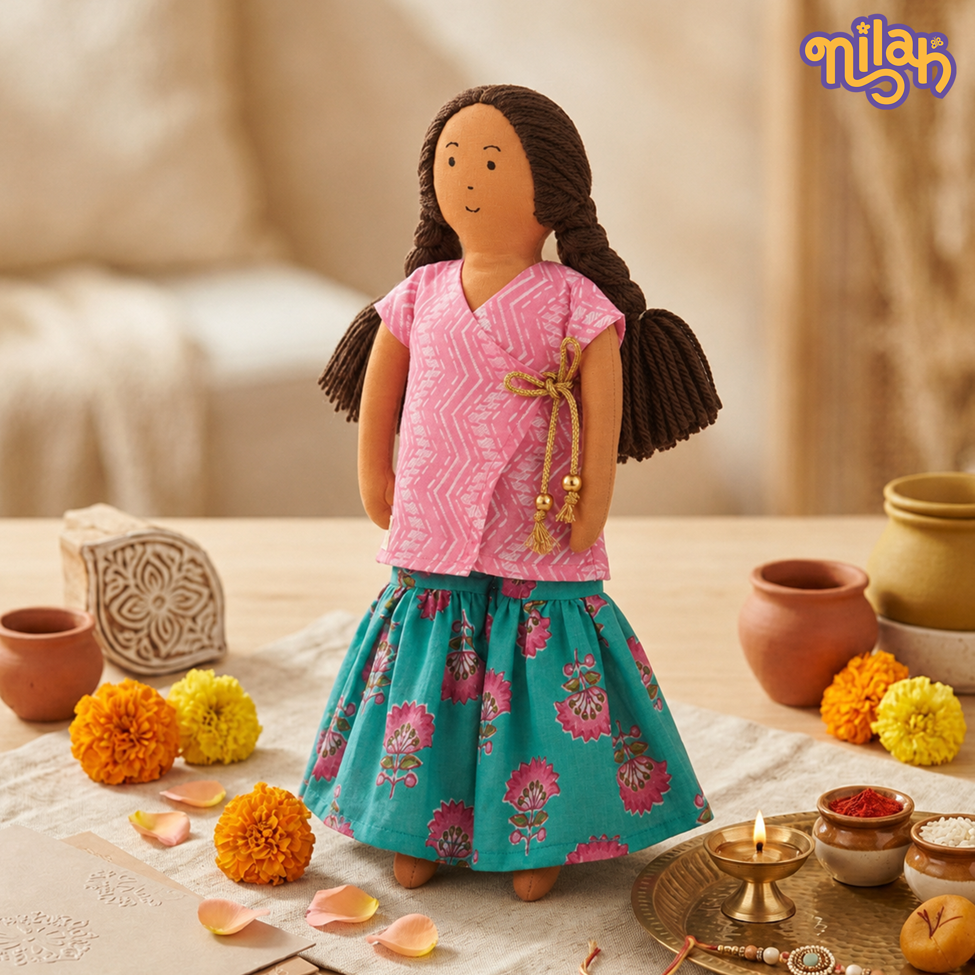 Nilah – Handmade Soft Doll for Children in Pink & Blue for Rakhi Gifting