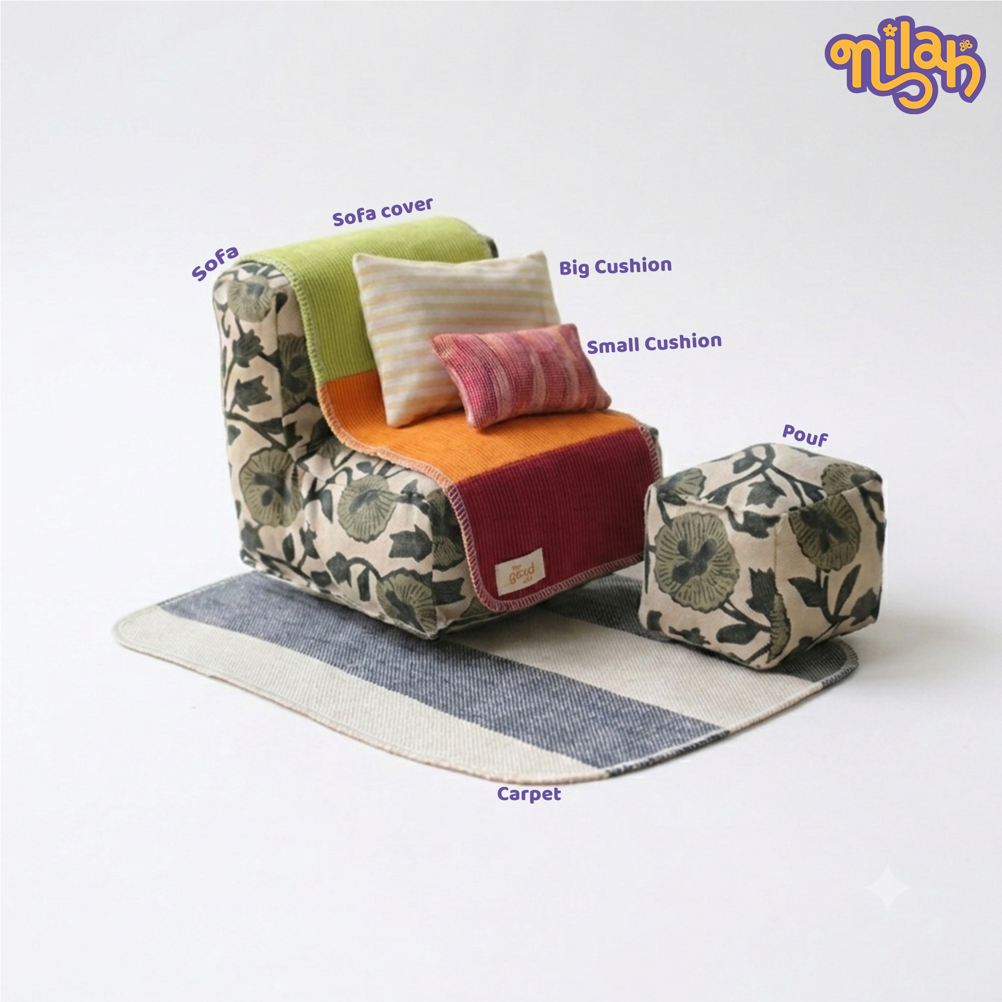 Nilah – Handmade Soft Doll in Floral Skirt + Sofa Set