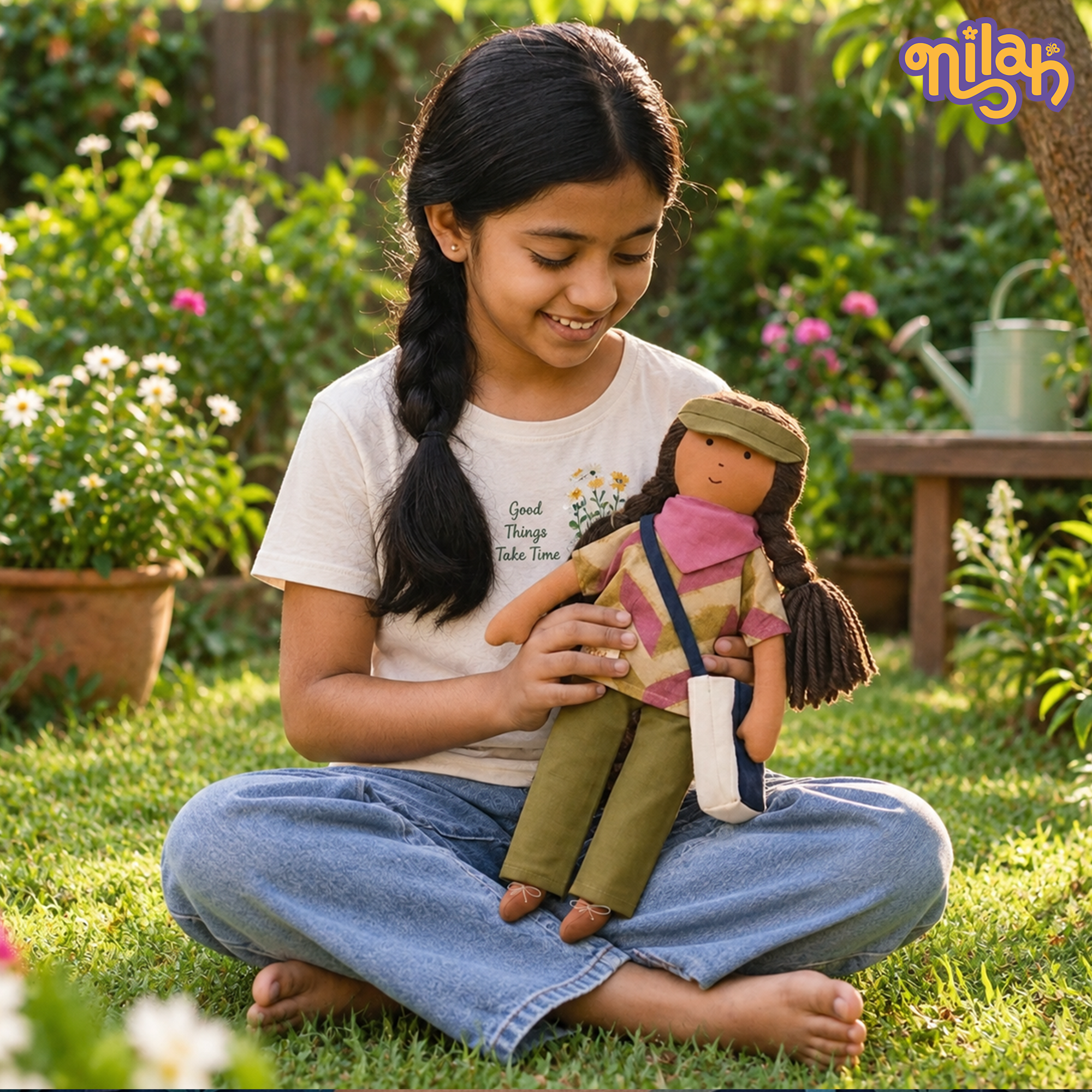 Nilah Goes Camping – Handmade Soft Doll for Children in Pink & Green