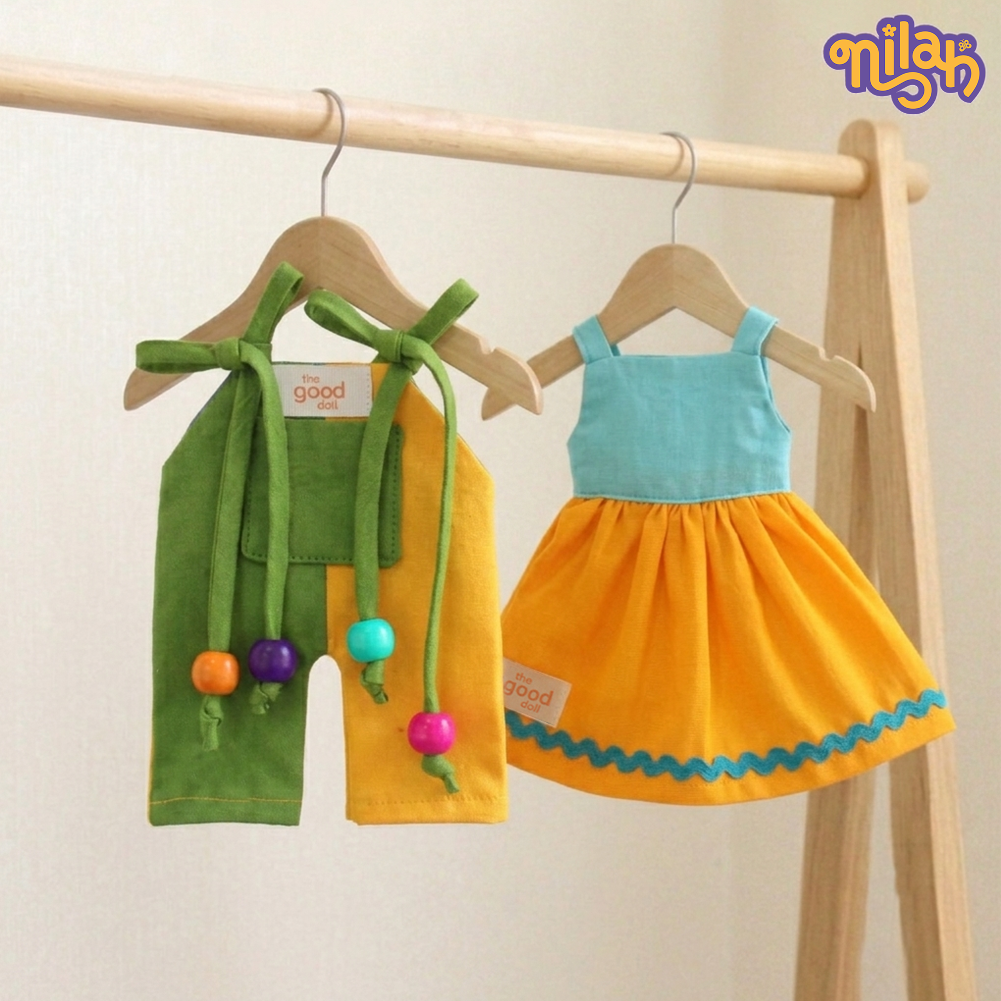 Mira – Handmade Soft Doll for Kids in Indigo Blue Pinstripe Top & Red Parrot Skirt
