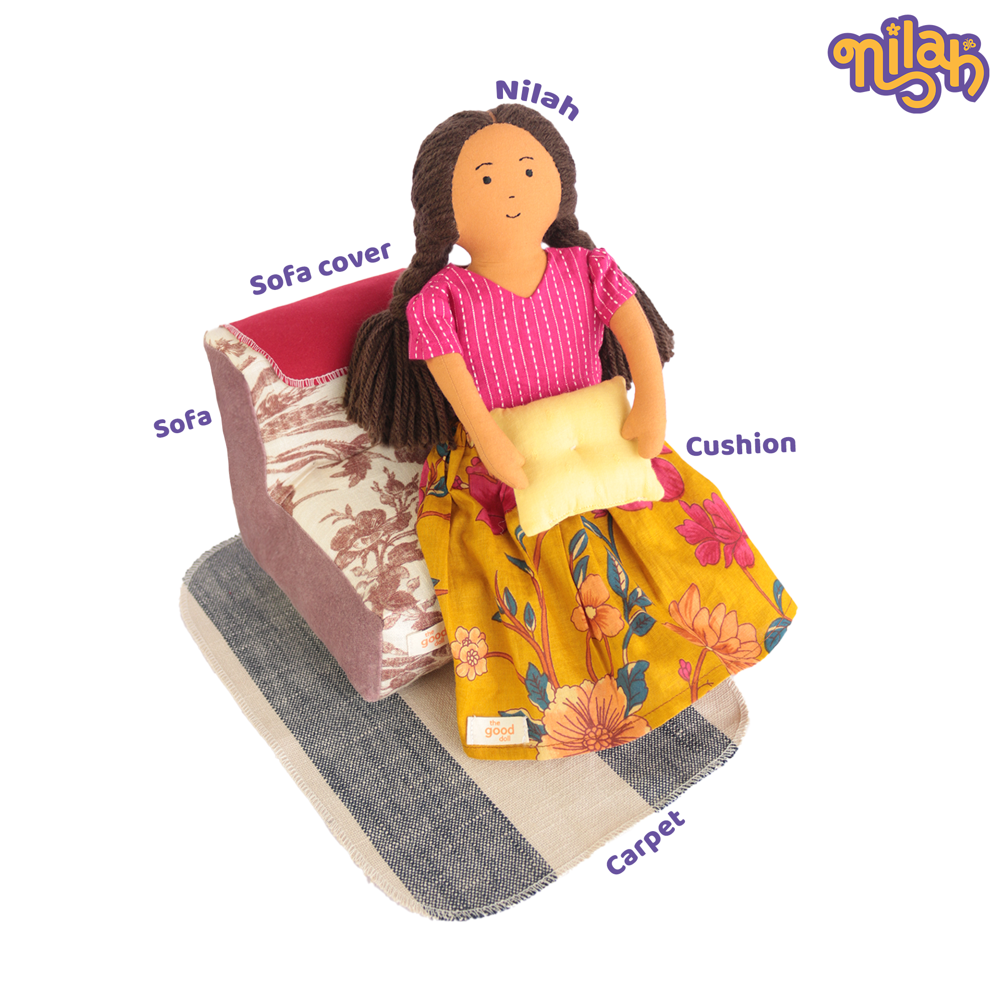 Nilah – Handmade Soft Doll in Floral Skirt + Sofa Set