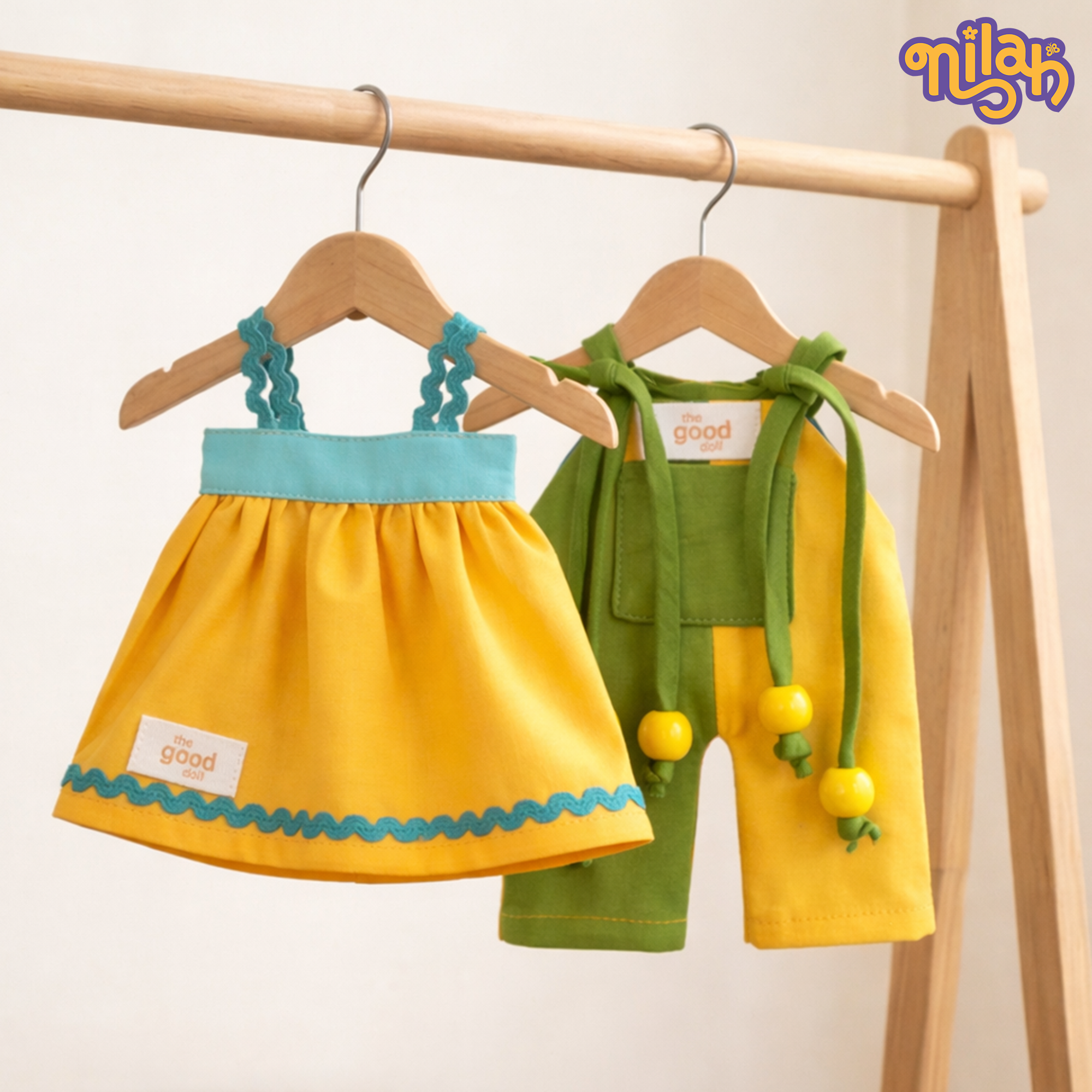 Mira – Handmade Soft Doll for Kids in Indigo Blue Pinstripe Top & Red Parrot Skirt