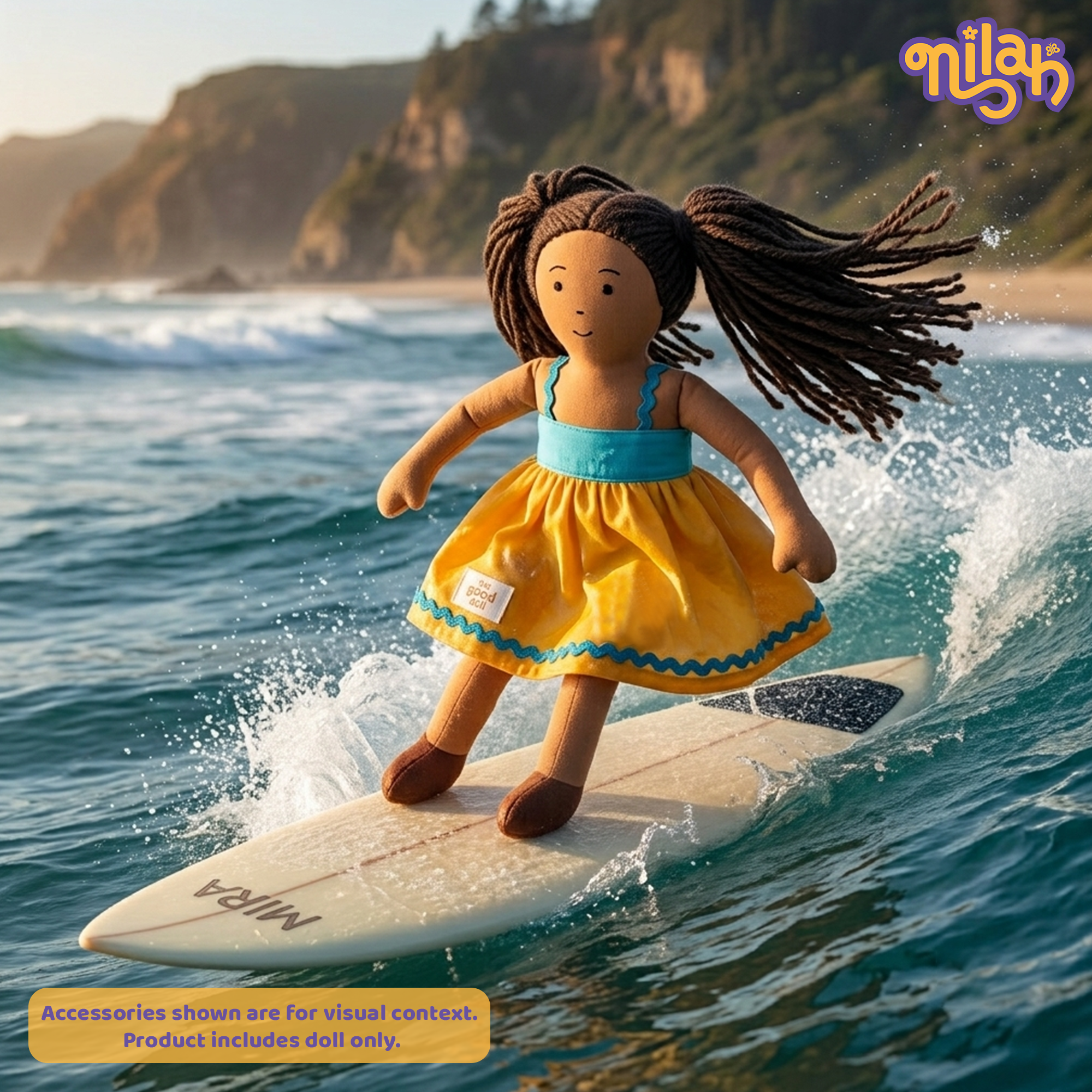 Mira – Handmade Soft Doll for Kids in Sky Blue & Yellow Strapped Dress