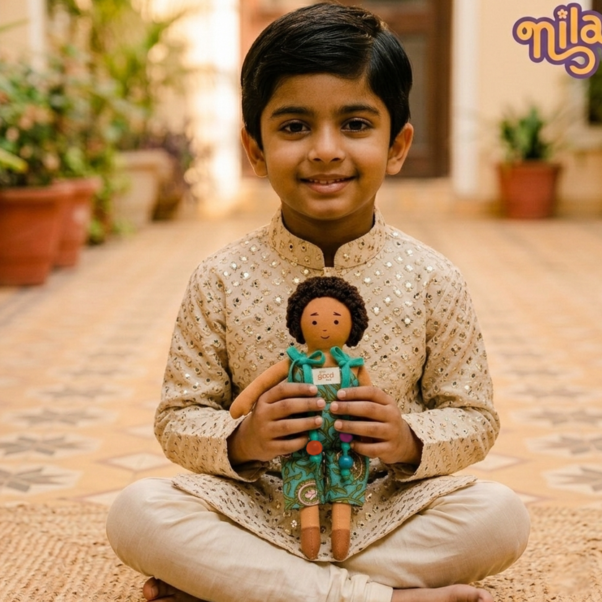 Raagu – Handmade Soft Doll for Kids in Teal Patterned Romper