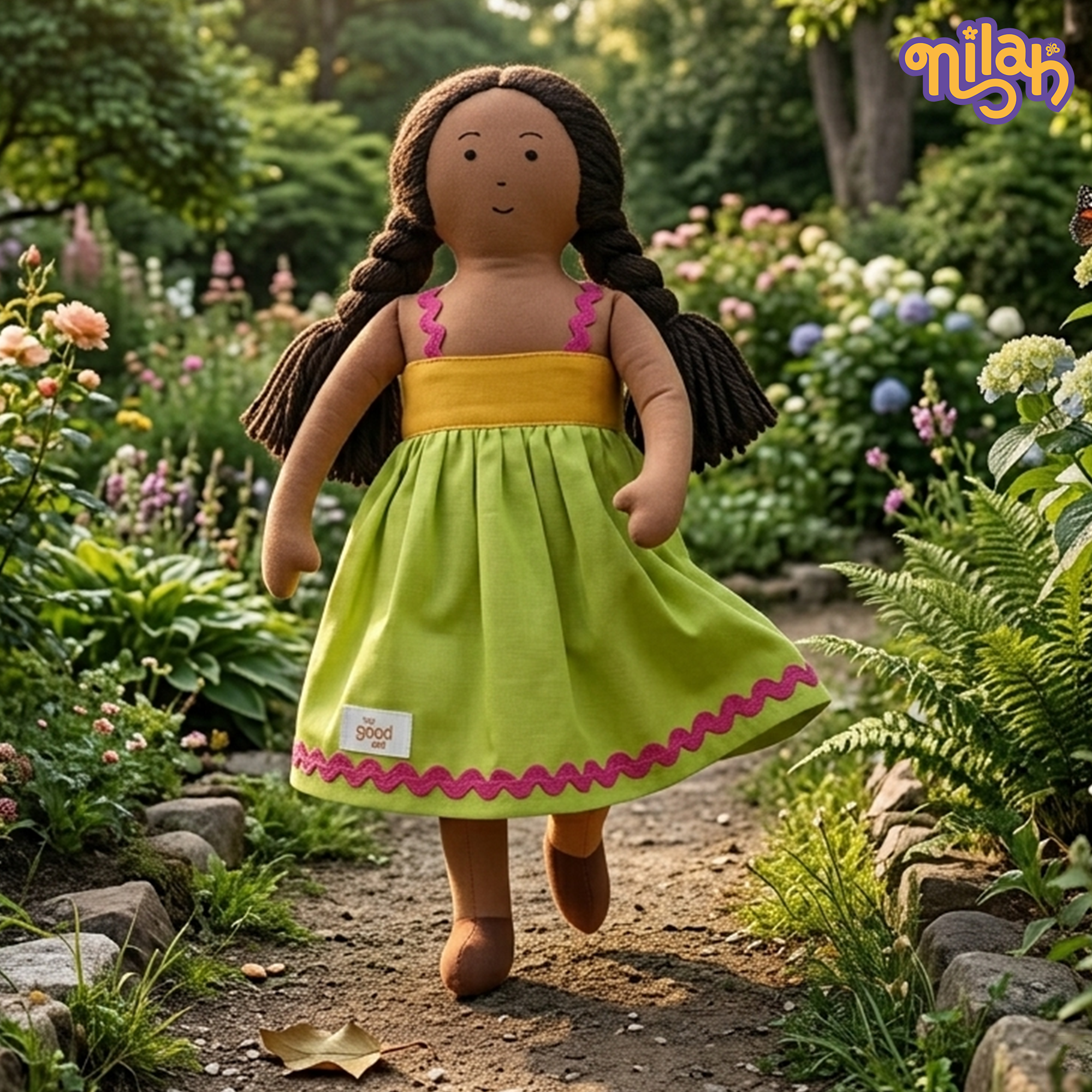 Nilah – Handmade Soft Doll for Kids in Green & Yellow Dress