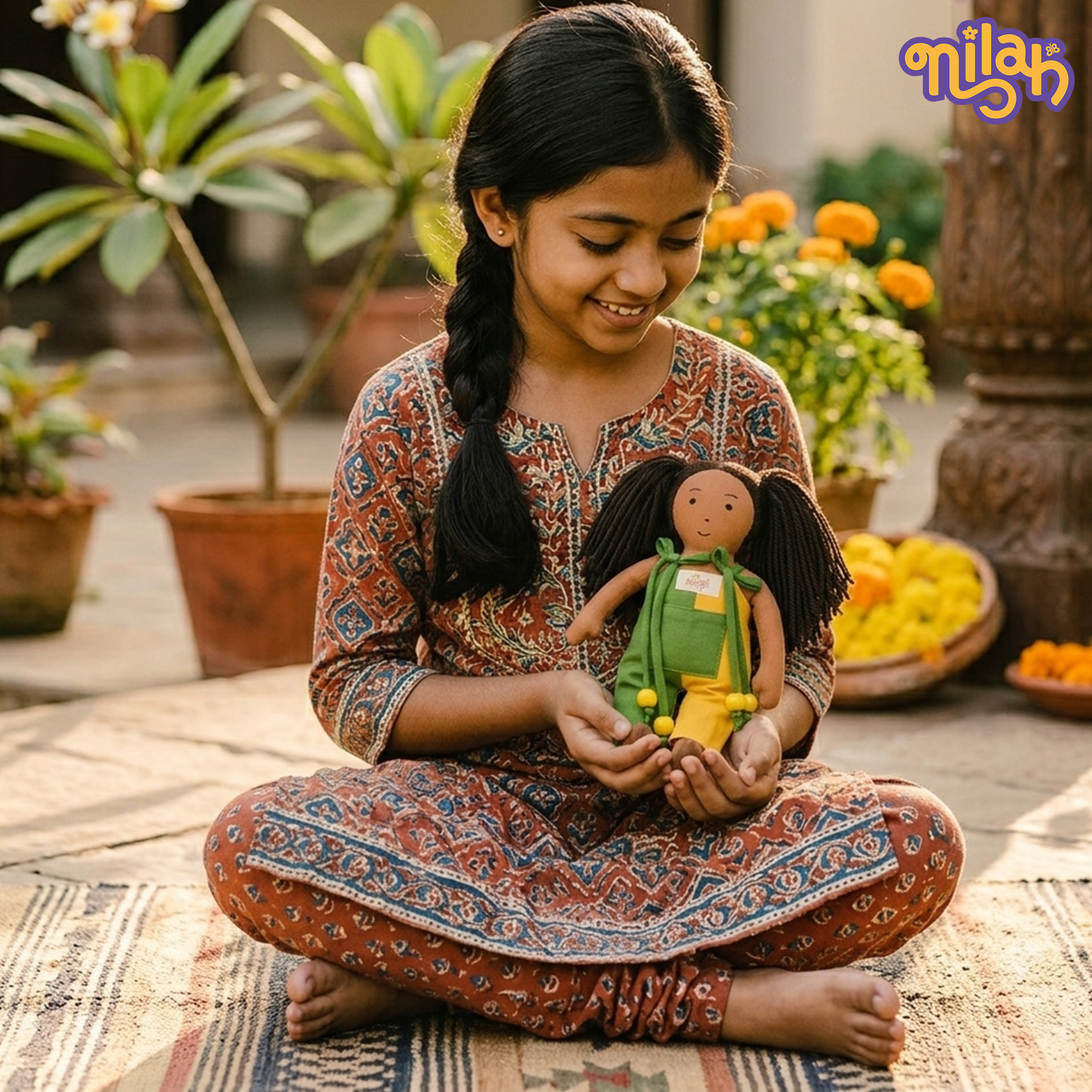Mira – Handmade Soft Doll for Kids in Green & Yellow Romper