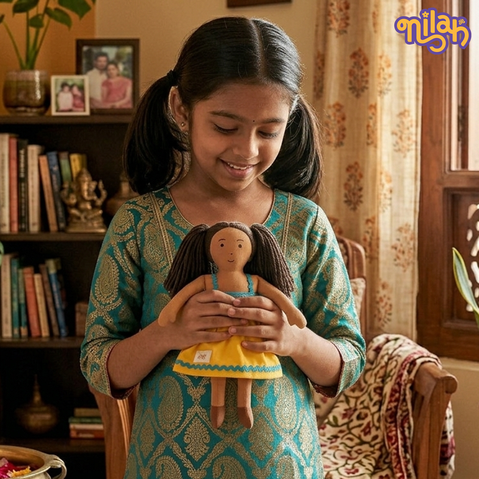 Mira – Handmade Soft Doll for Kids in Sky Blue & Yellow Strapped Dress