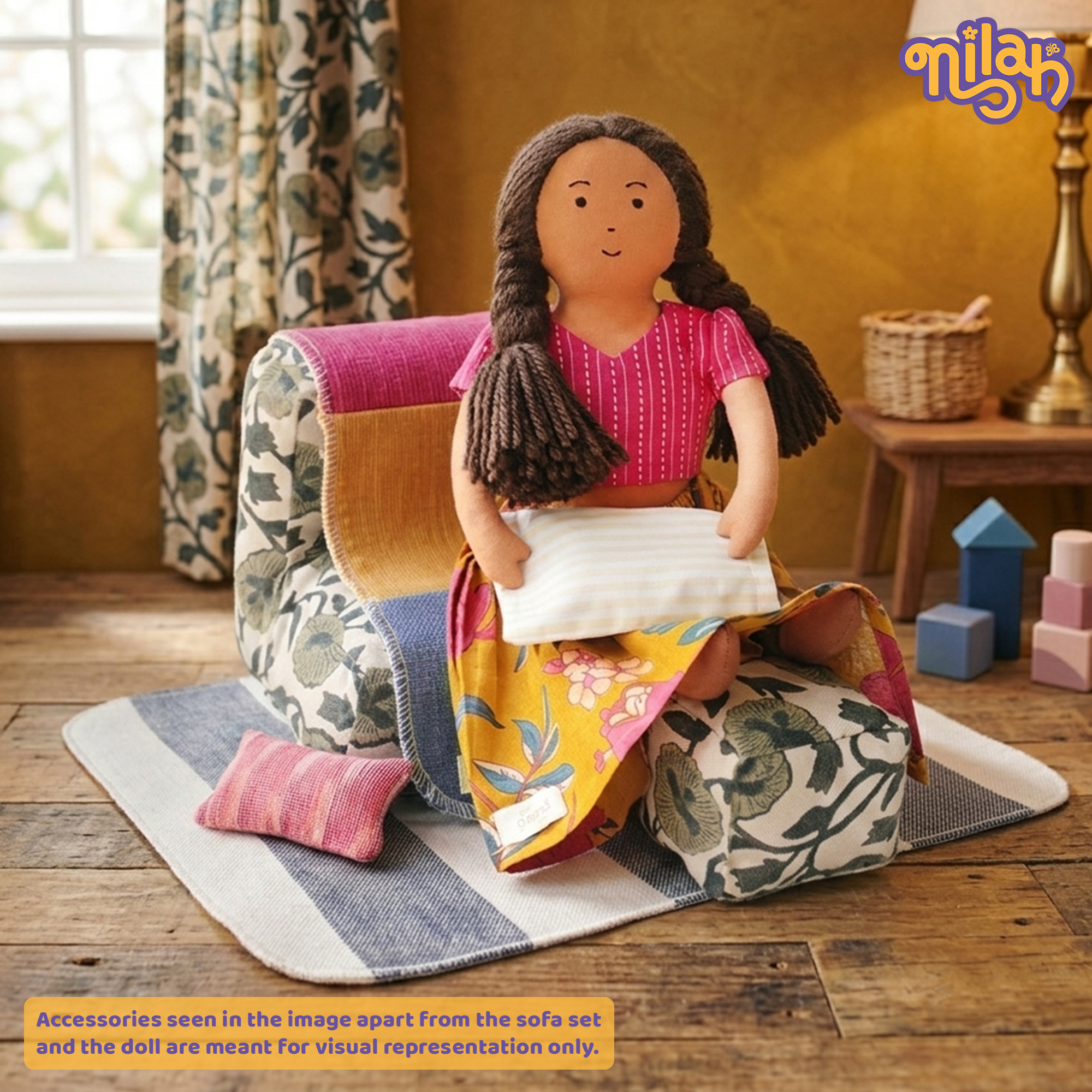Nilah – Handmade Soft Doll in Floral Skirt + Sofa Set