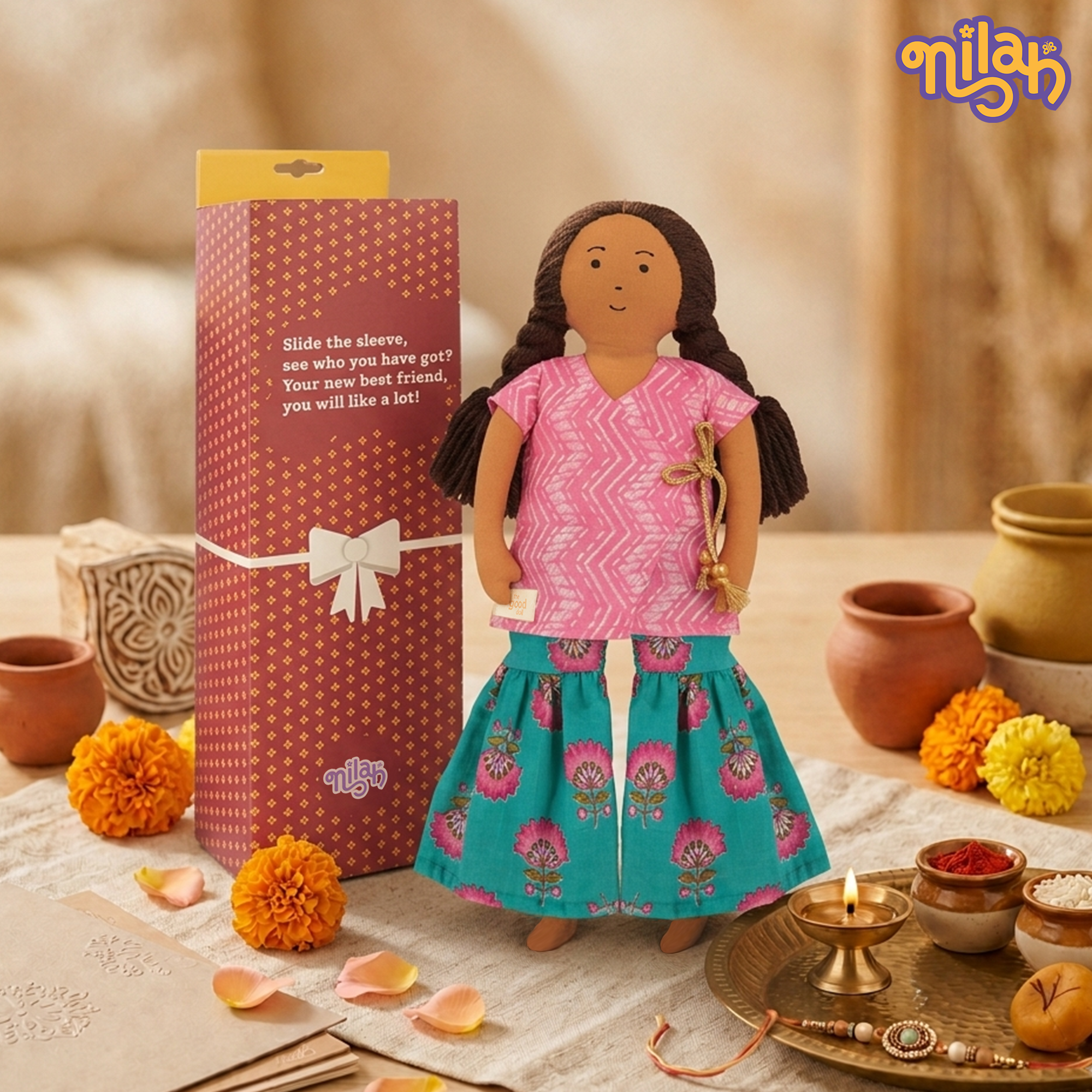 Nilah – Handmade Soft Doll for Children in Pink & Blue for Rakhi Gifting