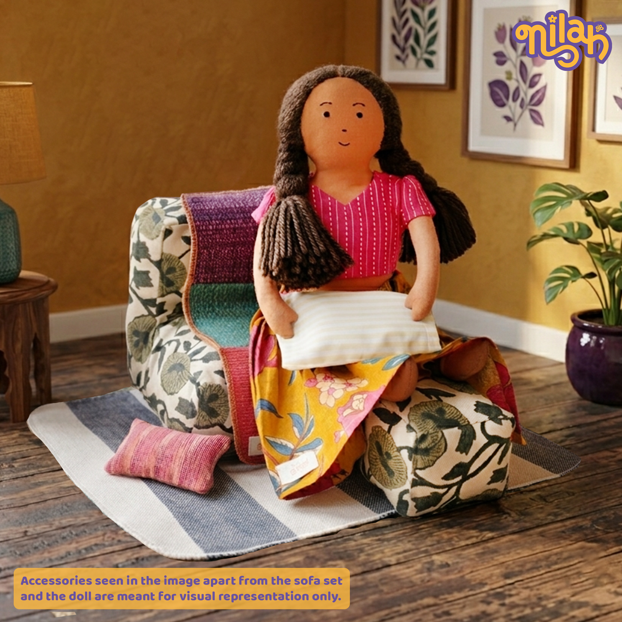 Nilah – Handmade Soft Doll in Floral Skirt + Sofa Set