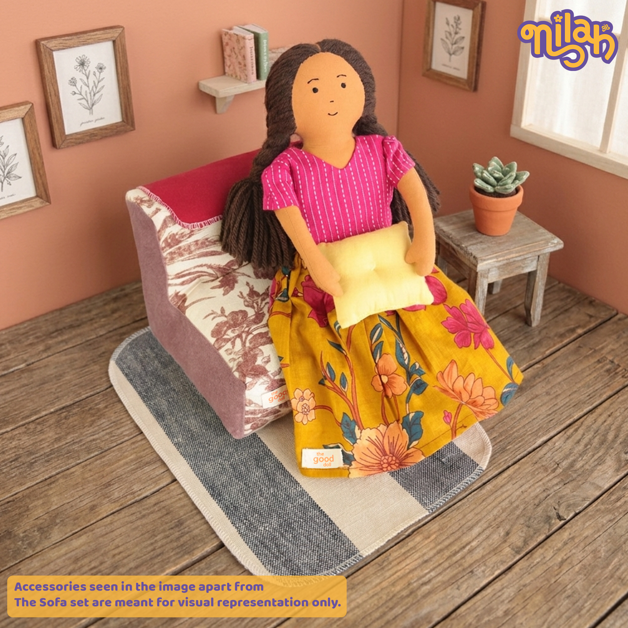 Nilah – Handmade Soft Doll in Floral Skirt + Sofa Set