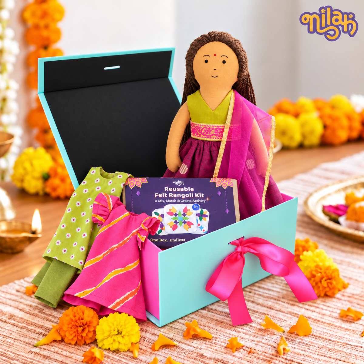 Nilah's Diwali Hamper - Safe, Washable, ISI-Certified Fabric Dolls | 12" | Gift Hamper for Diwali| 1 doll with festive wear | 2 extra garments | 1 Rangoli set