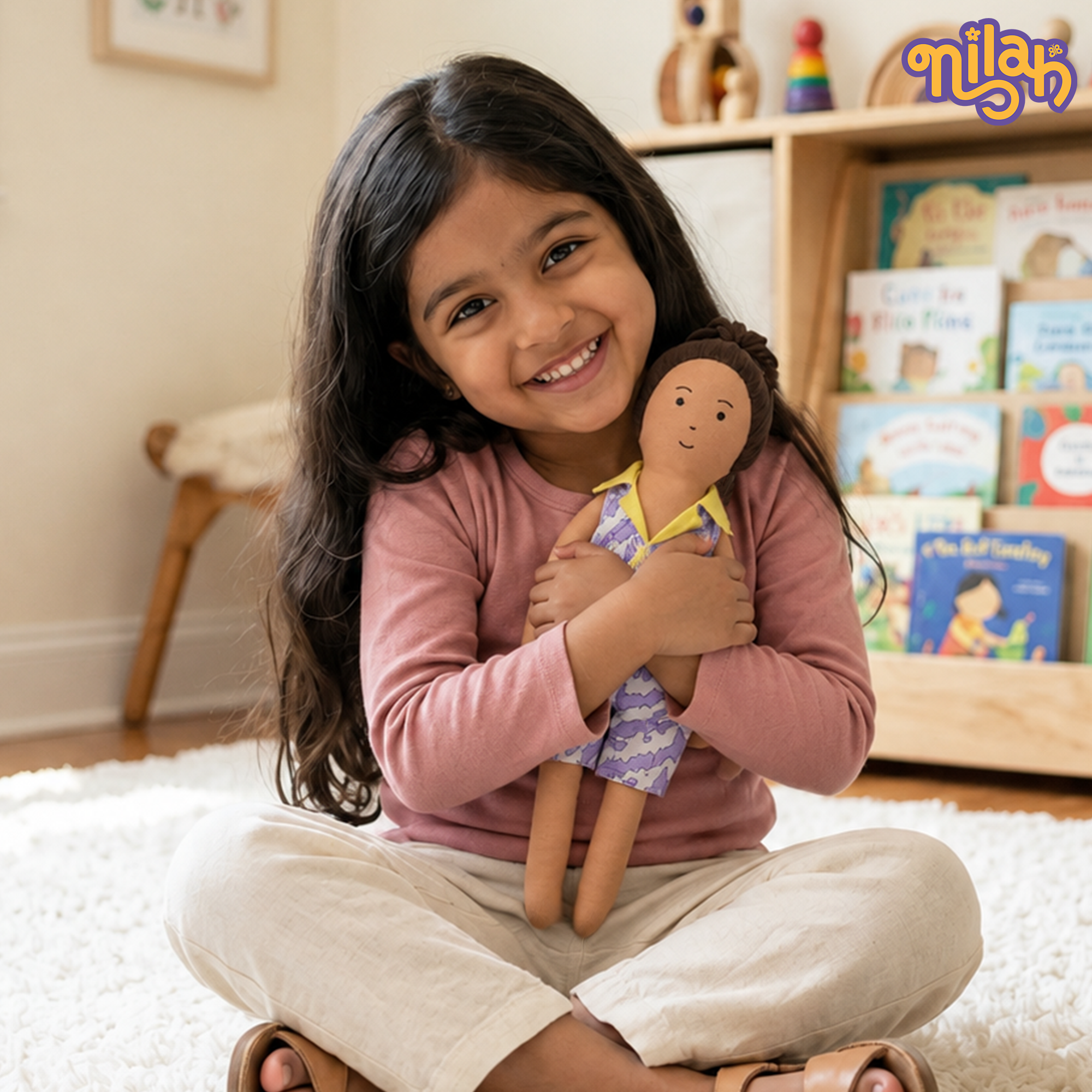 Caring Nilah – Handmade Soft Doll for Children in Purple & Yellow