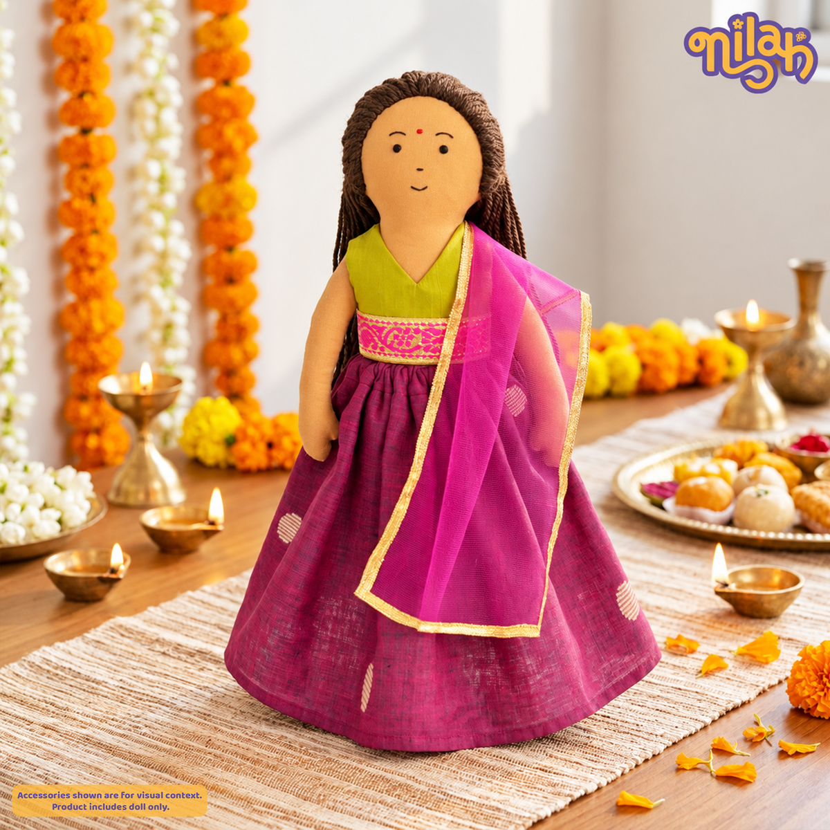 Nilah's Diwali Hamper - Safe, Washable, ISI-Certified Fabric Dolls | 12" | Gift Hamper for Diwali| 1 doll with festive wear | 2 extra garments | 1 Rangoli set