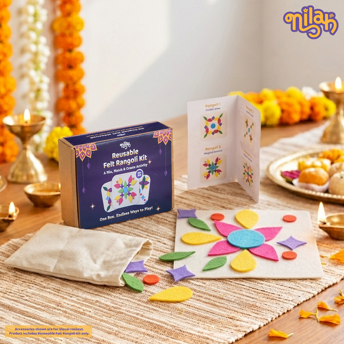 Nilah's Diwali Hamper - Safe, Washable, ISI-Certified Fabric Dolls | 12" | Gift Hamper for Diwali| 1 doll with festive wear | 2 extra garments | 1 Rangoli set
